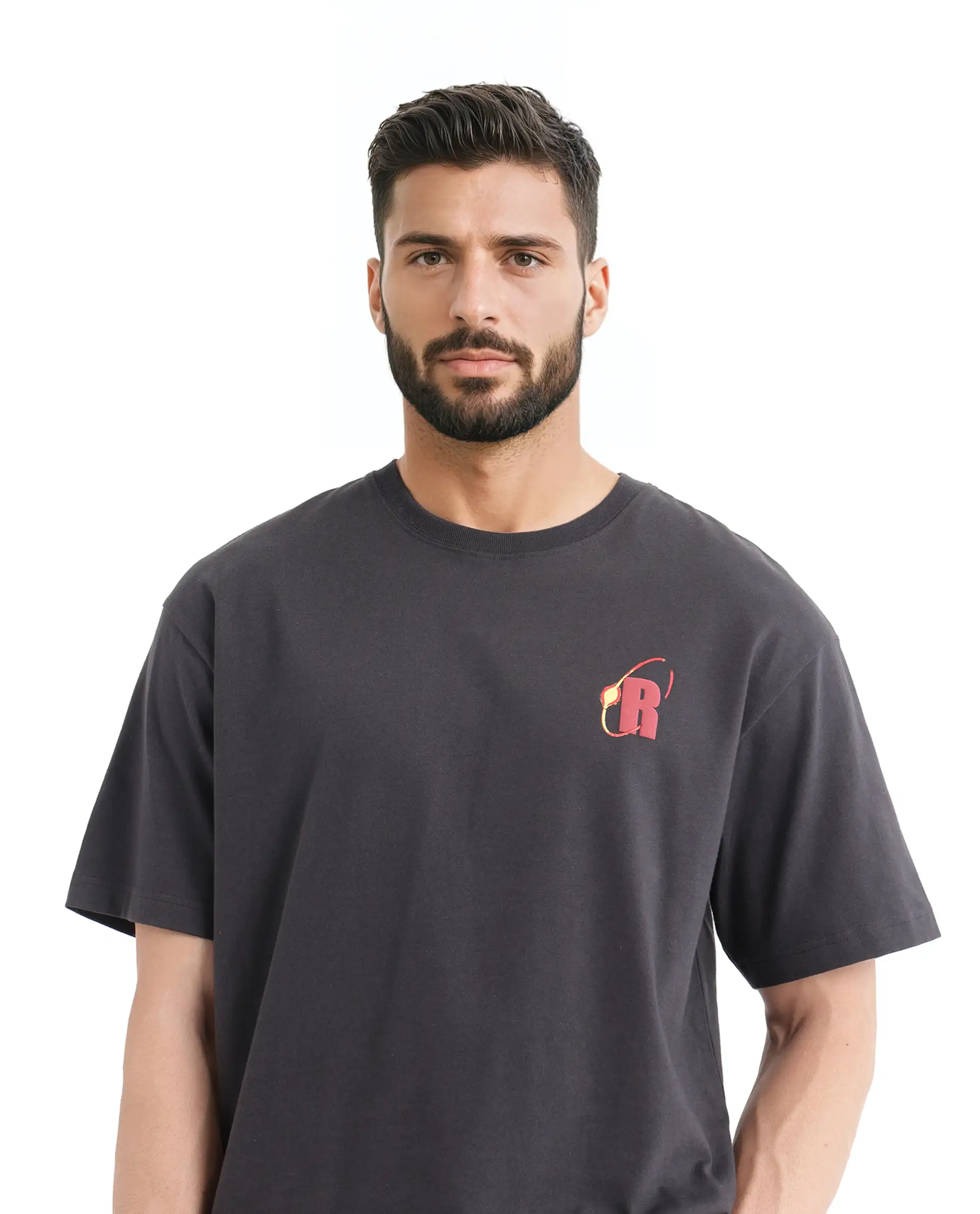 Rare Rabbit Men's Mosh Dark Grey Cotton Graphic Print Oversized Fit Half Sleeve Crew Neck T-Shirt - Image 4