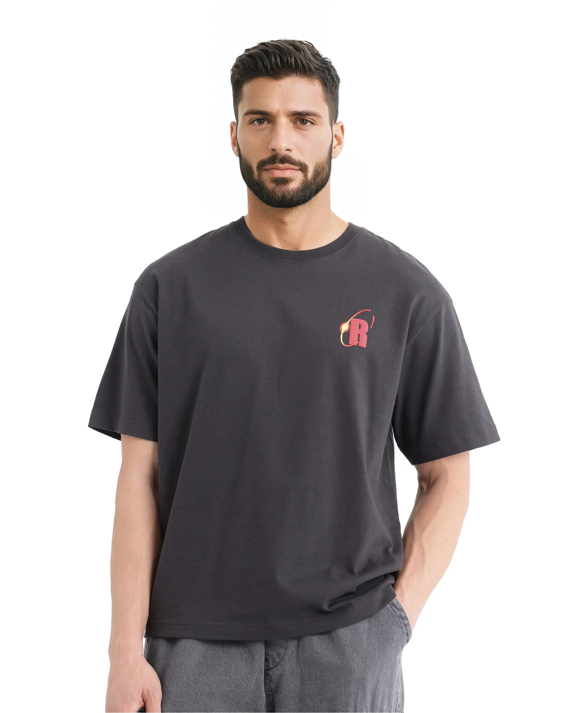 Rare Rabbit Men's Mosh Dark Grey Cotton Graphic Print Oversized Fit Half Sleeve Crew Neck T-Shirt - Image 6