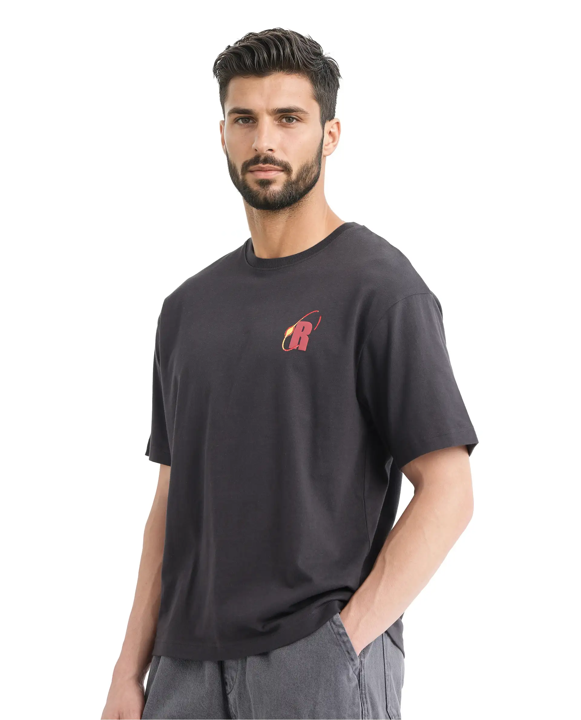 Rare Rabbit Men's Mosh Dark Grey Cotton Graphic Print Oversized Fit Half Sleeve Crew Neck T-Shirt - Image 7