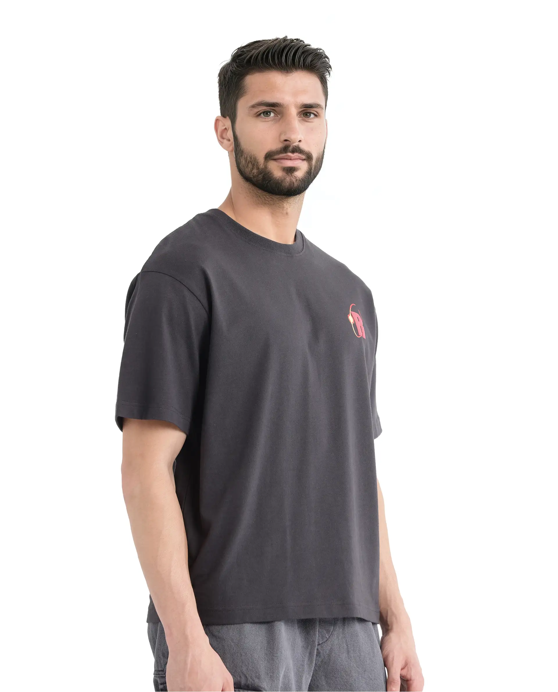 Rare Rabbit Men's Mosh Dark Grey Cotton Graphic Print Oversized Fit Half Sleeve Crew Neck T-Shirt - Image 8