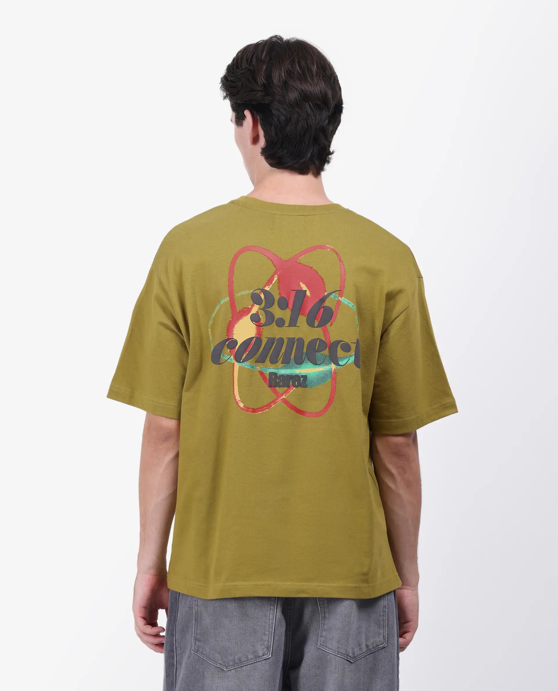 Rare Rabbit Men's Mosh Olive Cotton Graphic Print Oversized Fit Half Sleeve Crew Neck T-Shirt - Image 2