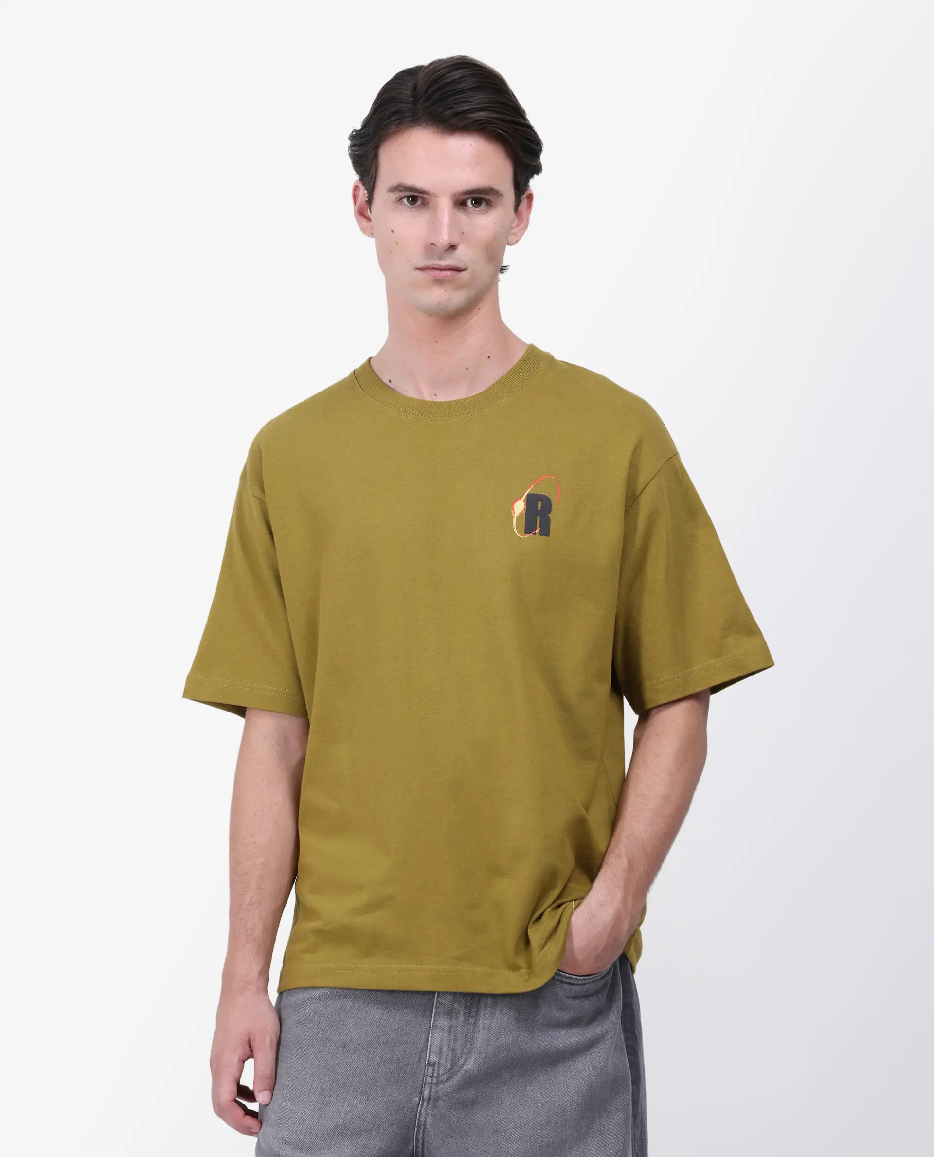 Rare Rabbit Men's Mosh Olive Cotton Graphic Print Oversized Fit Half Sleeve Crew Neck T-Shirt - Image 3