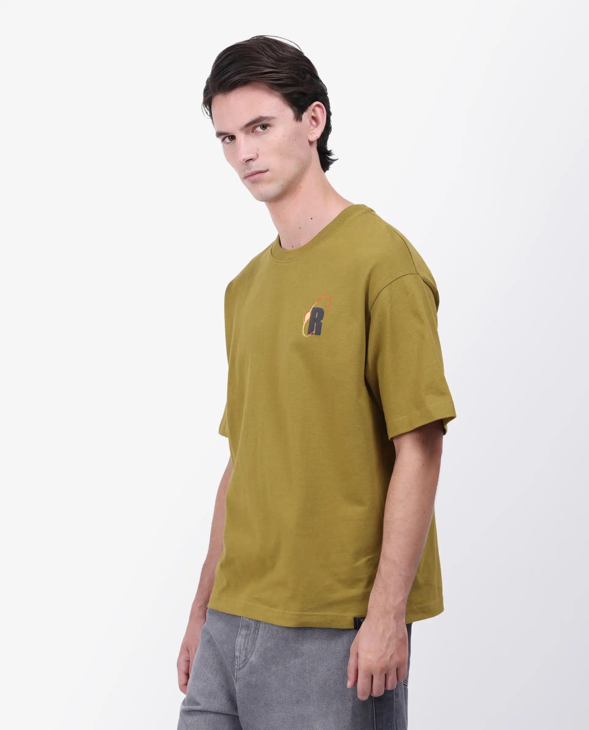 Rare Rabbit Men's Mosh Olive Cotton Graphic Print Oversized Fit Half Sleeve Crew Neck T-Shirt - Image 4