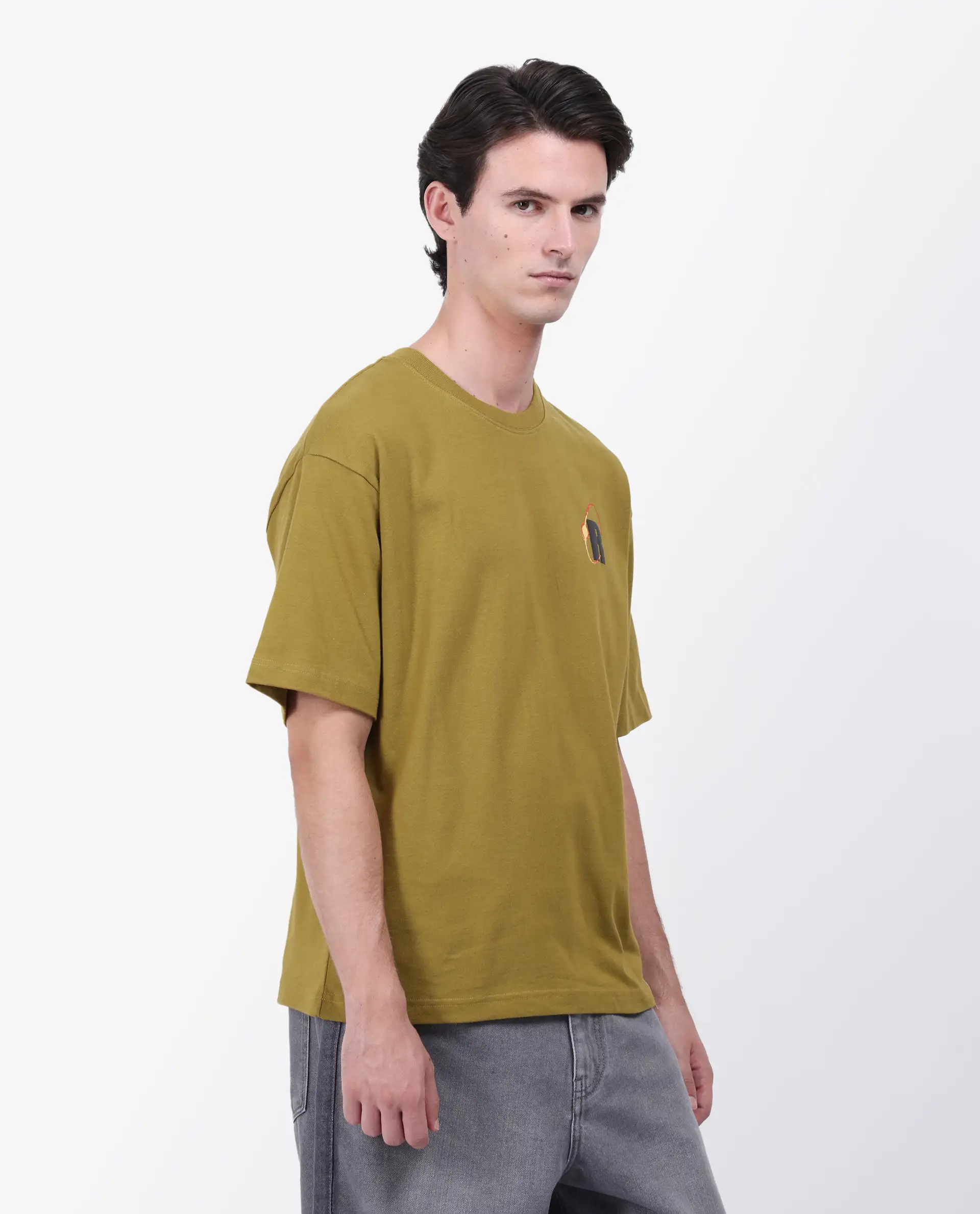 Rare Rabbit Men's Mosh Olive Cotton Graphic Print Oversized Fit Half Sleeve Crew Neck T-Shirt - Image 5