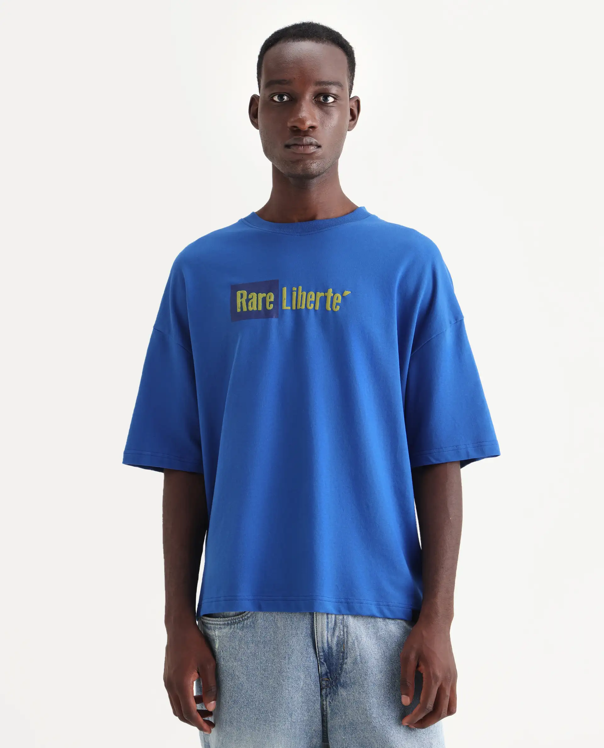 Rare Rabbit Men's Moshe Flouroscent Blue Cotton Graphic Print Oversized Fit Half Sleeve Crew Neck T-Shirt - Image 4