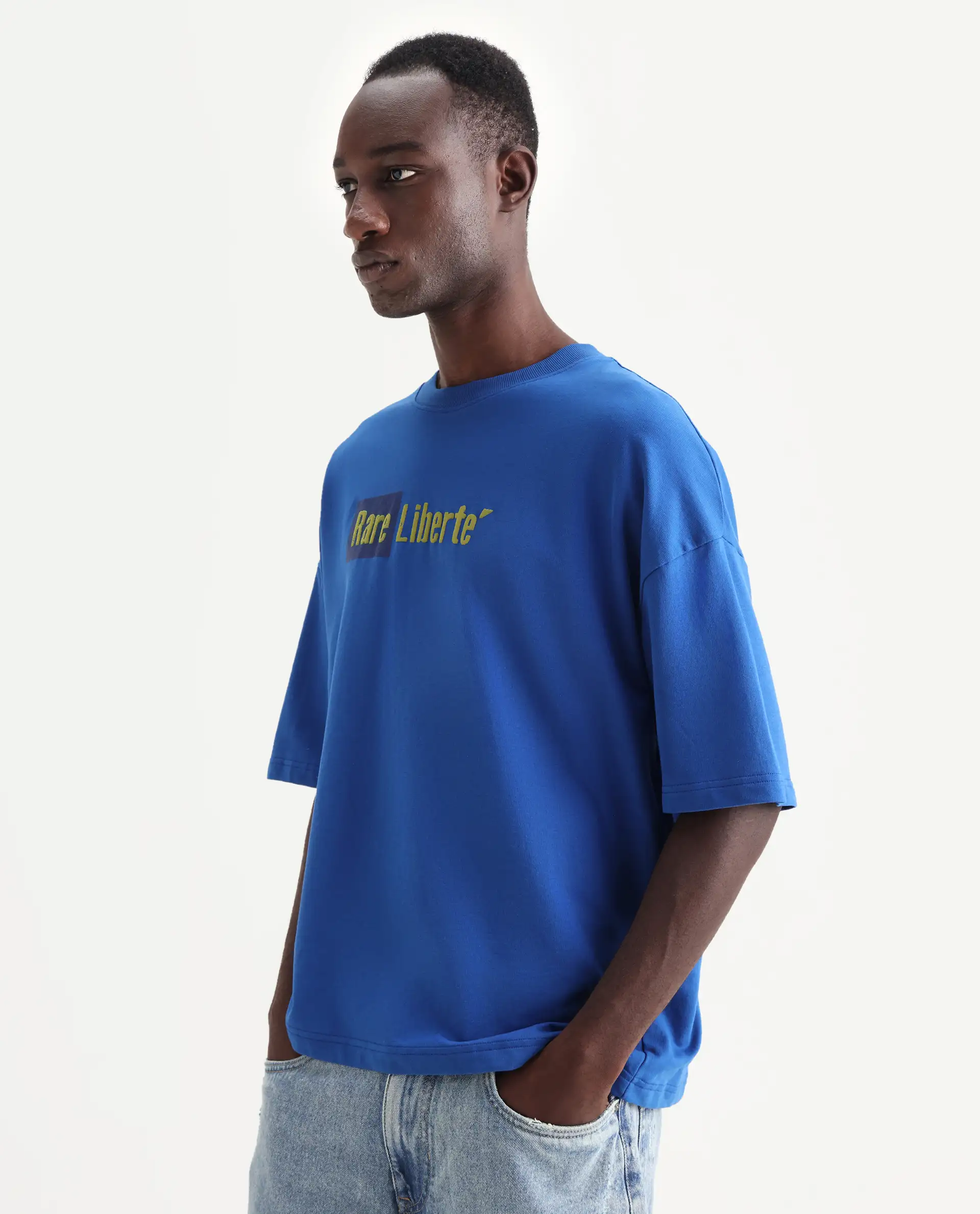 Rare Rabbit Men's Moshe Flouroscent Blue Cotton Graphic Print Oversized Fit Half Sleeve Crew Neck T-Shirt - Image 5