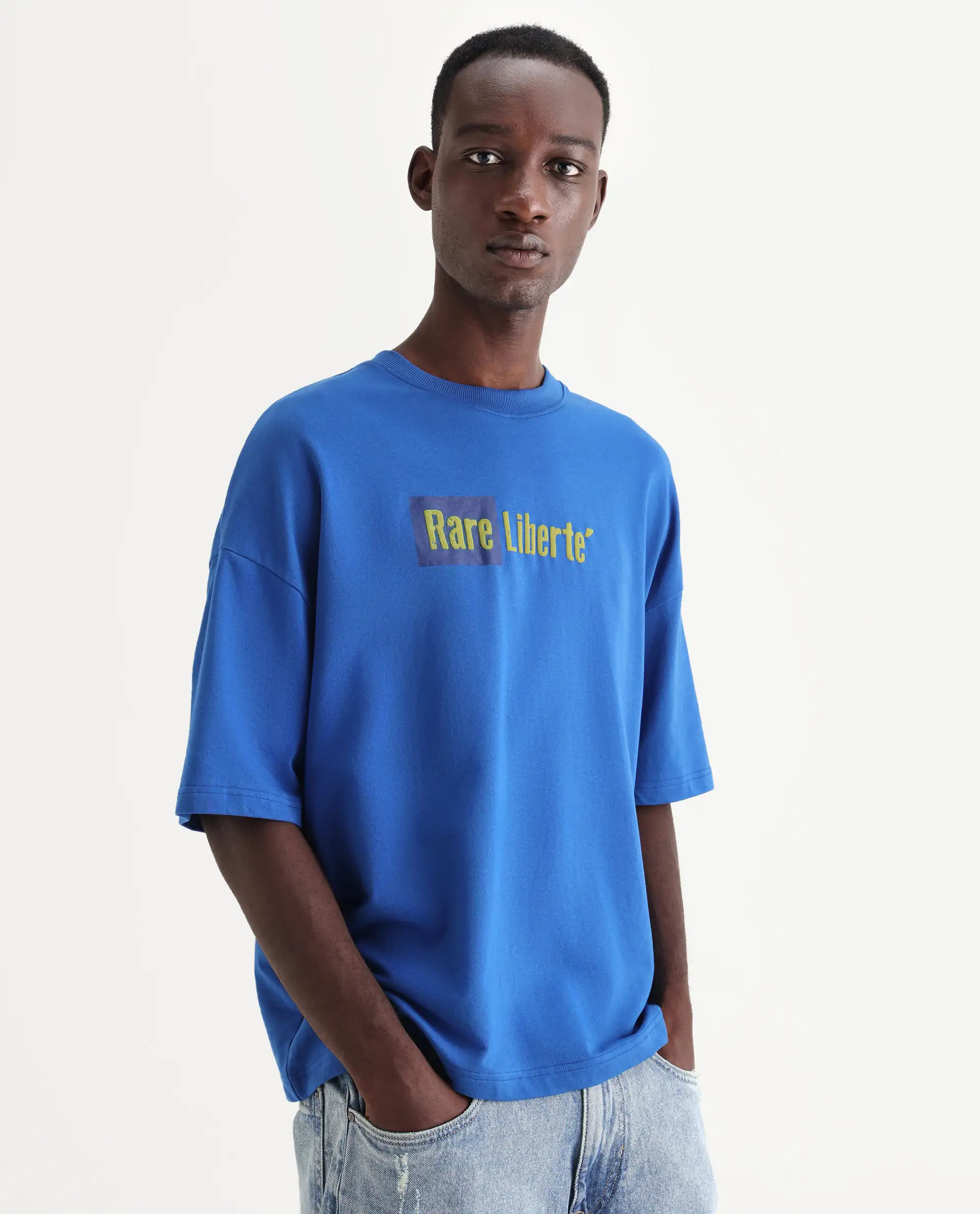 Rare Rabbit Men's Moshe Flouroscent Blue Cotton Graphic Print Oversized Fit Half Sleeve Crew Neck T-Shirt - Image 6