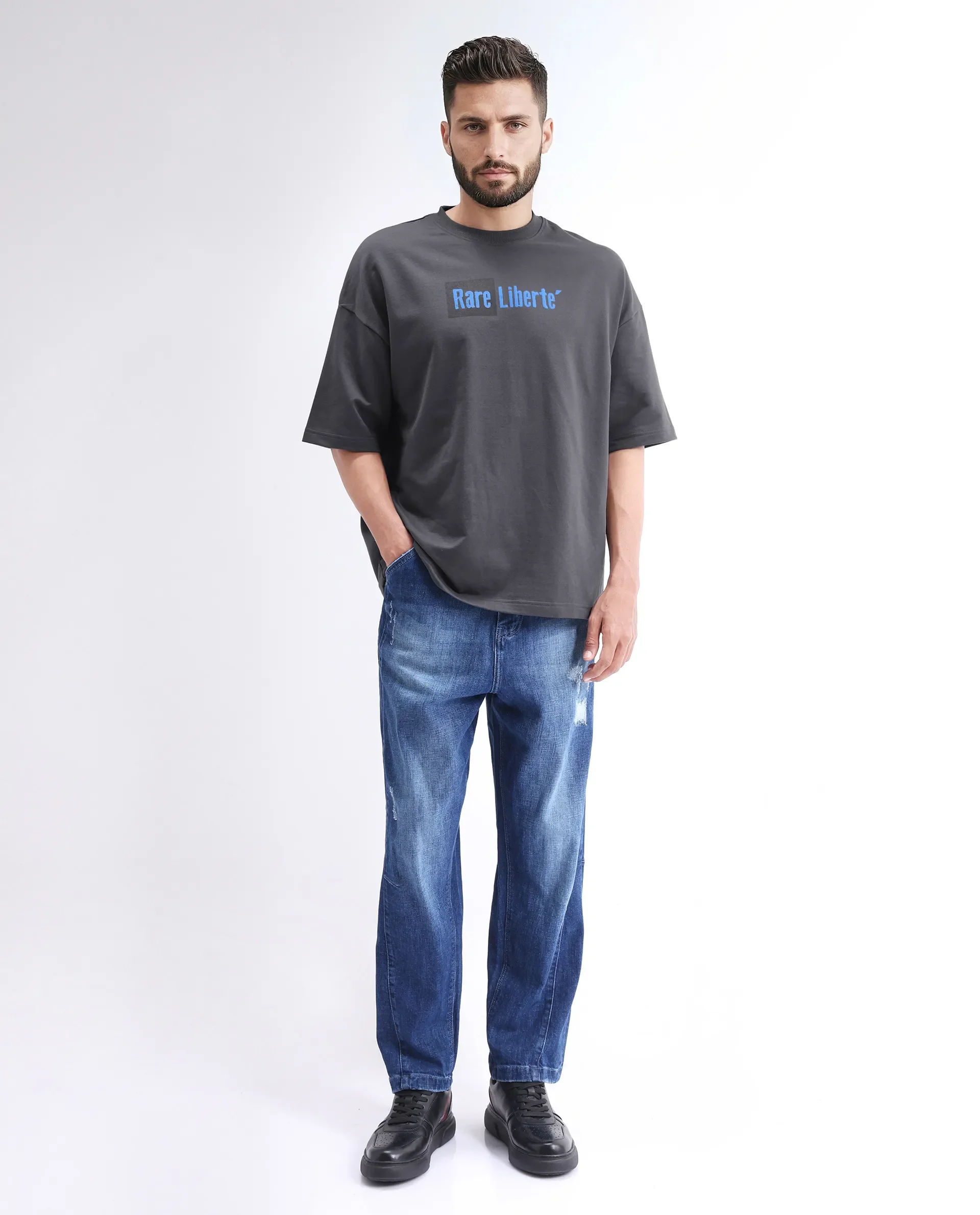 Rare Rabbit Men's Moshe Grey Cotton Graphic Print Oversized Fit Half Sleeve Crew Neck T-Shirt - Image 2