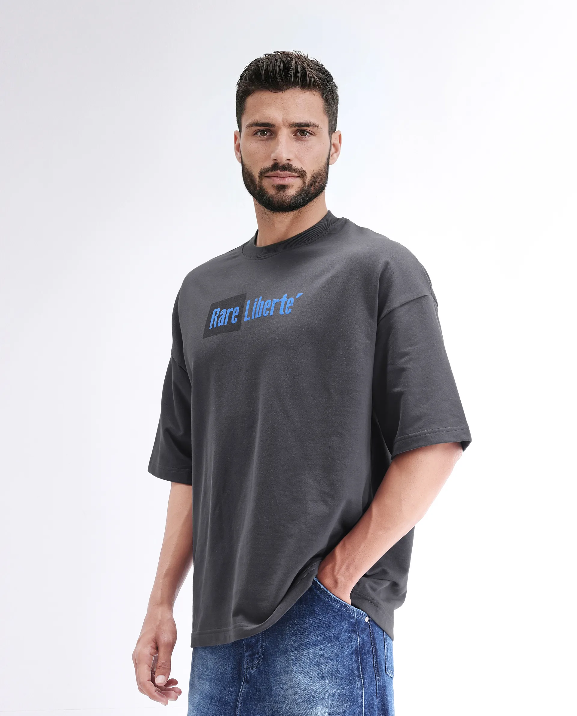 Rare Rabbit Men's Moshe Grey Cotton Graphic Print Oversized Fit Half Sleeve Crew Neck T-Shirt - Image 4