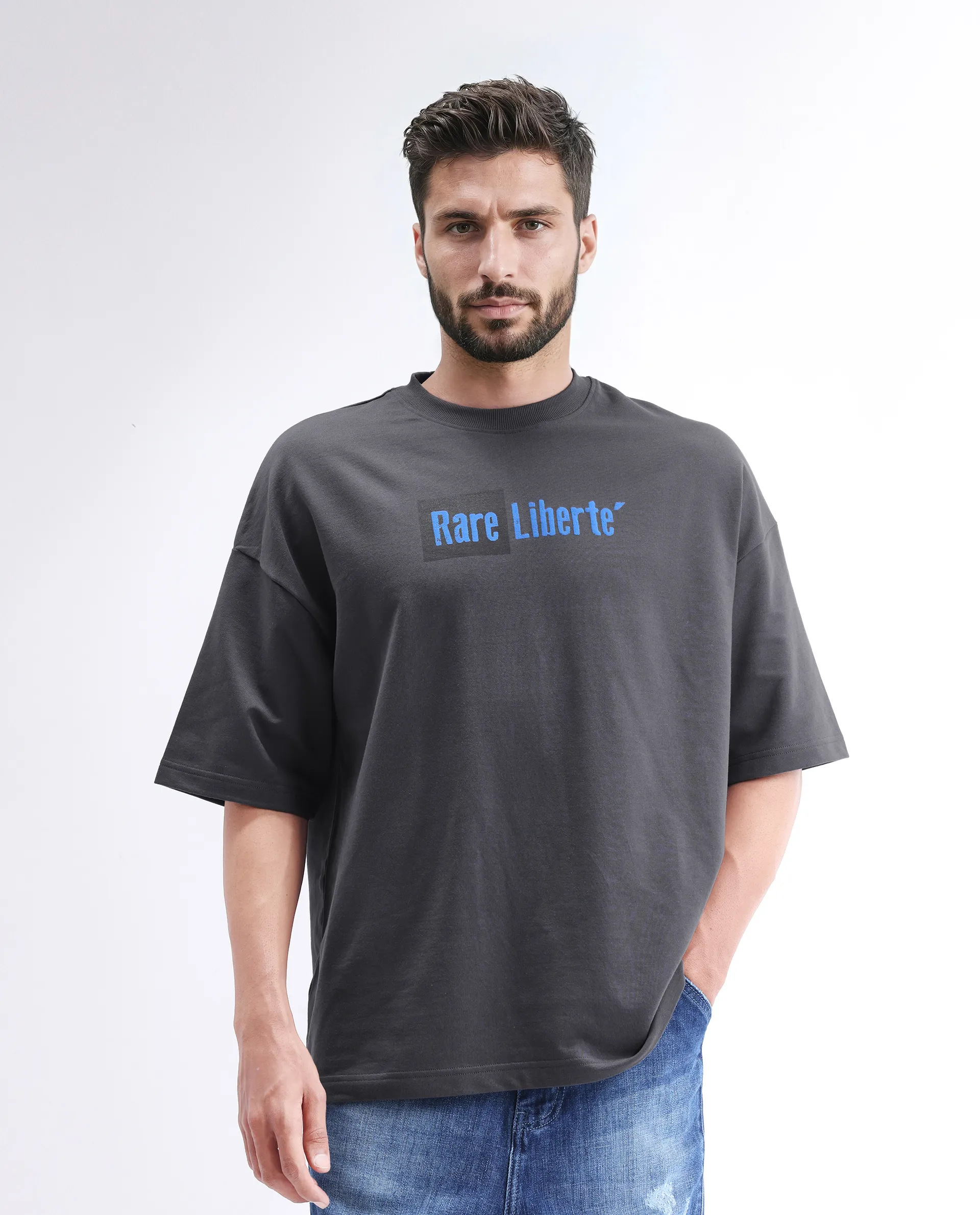 Rare Rabbit Men's Moshe Grey Cotton Graphic Print Oversized Fit Half Sleeve Crew Neck T-Shirt - Image 5