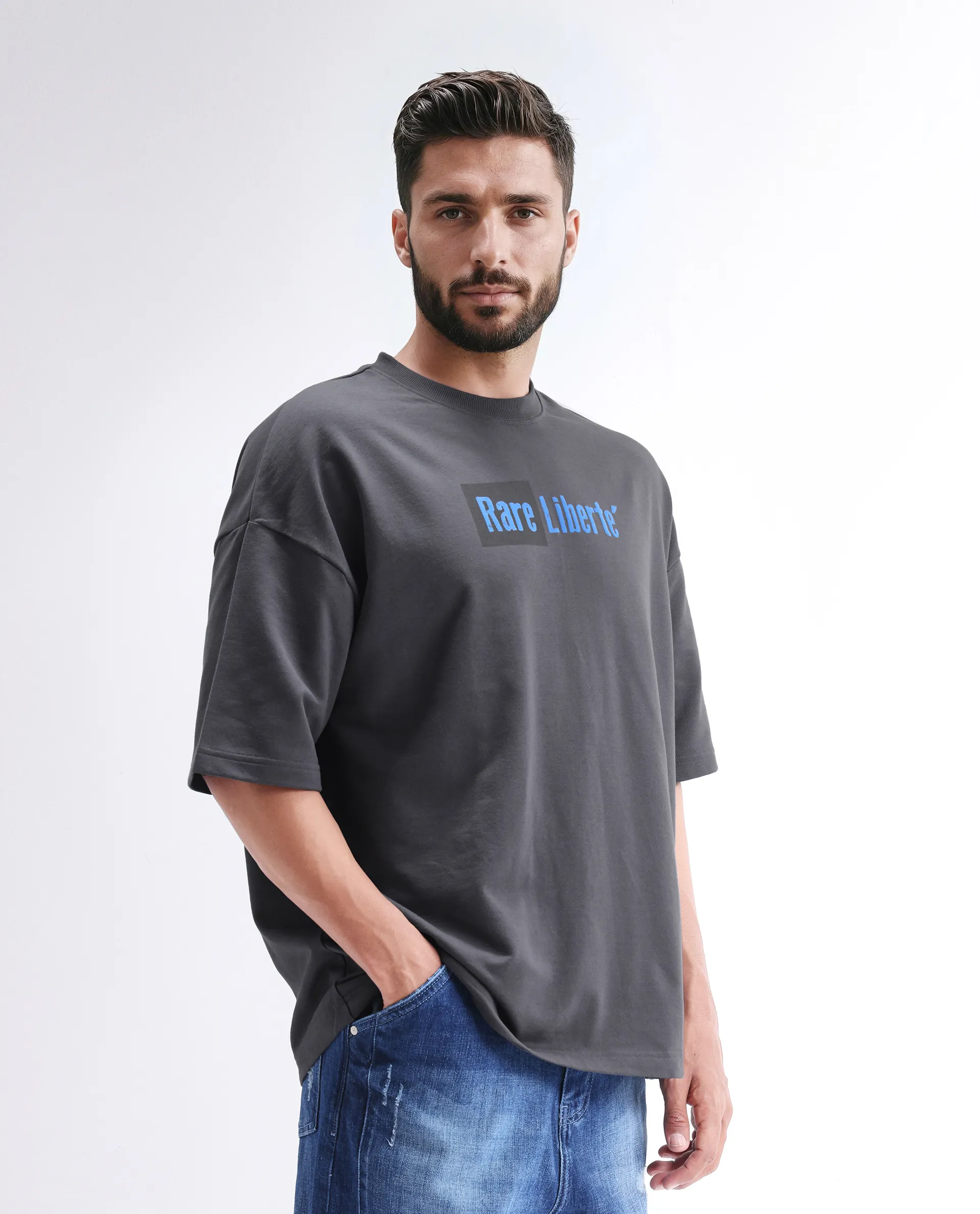 Rare Rabbit Men's Moshe Grey Cotton Graphic Print Oversized Fit Half Sleeve Crew Neck T-Shirt - Image 6