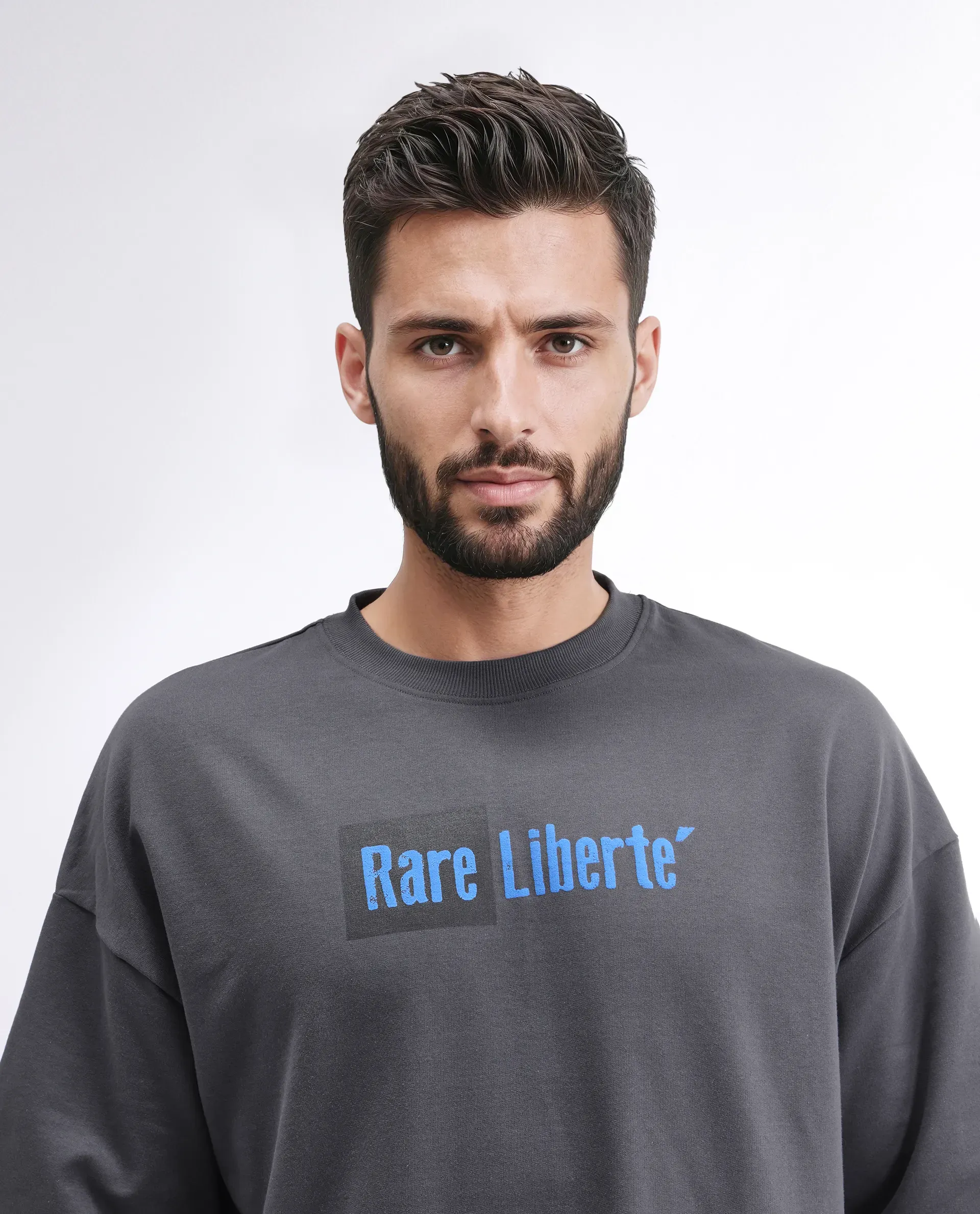 Rare Rabbit Men's Moshe Grey Cotton Graphic Print Oversized Fit Half Sleeve Crew Neck T-Shirt - Image 7