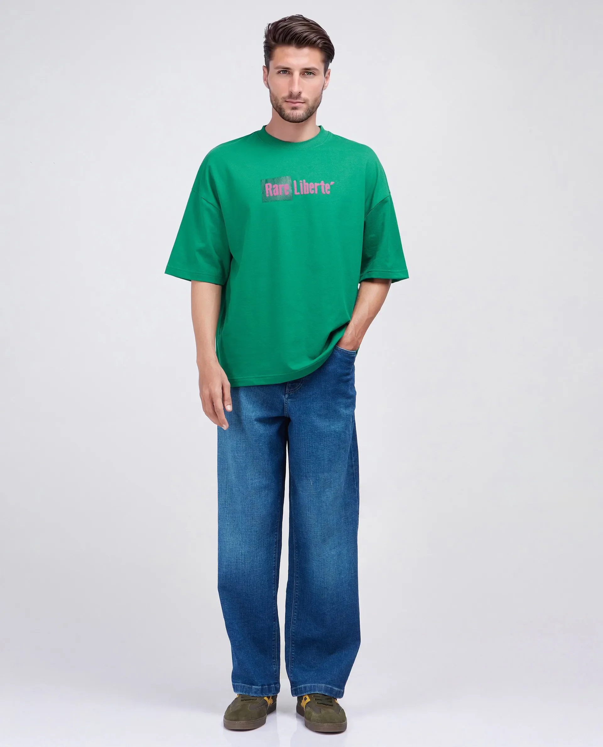 Rare Rabbit Men's Moshe Green Cotton Graphic Print Oversized Fit Half Sleeve Crew Neck T-Shirt - Image 2