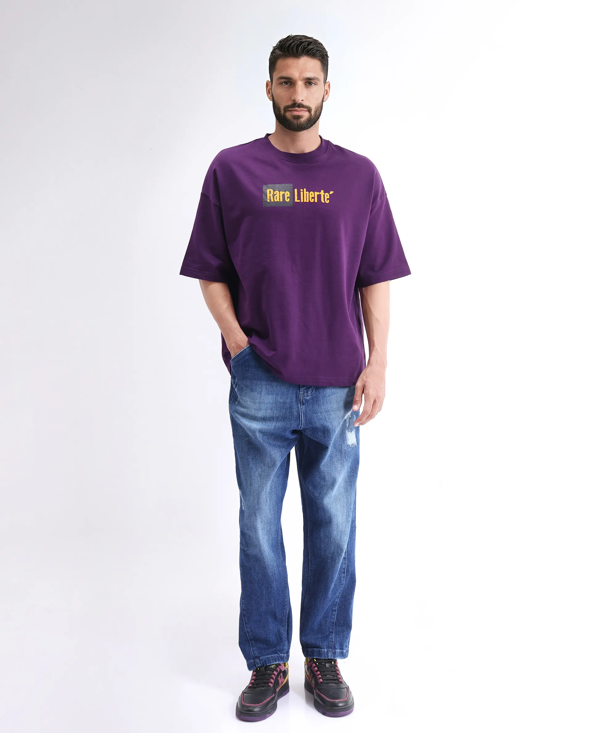 Rare Rabbit Men's Moshe Purple Cotton Graphic Print Oversized Fit Half Sleeve Crew Neck T-Shirt - Image 2