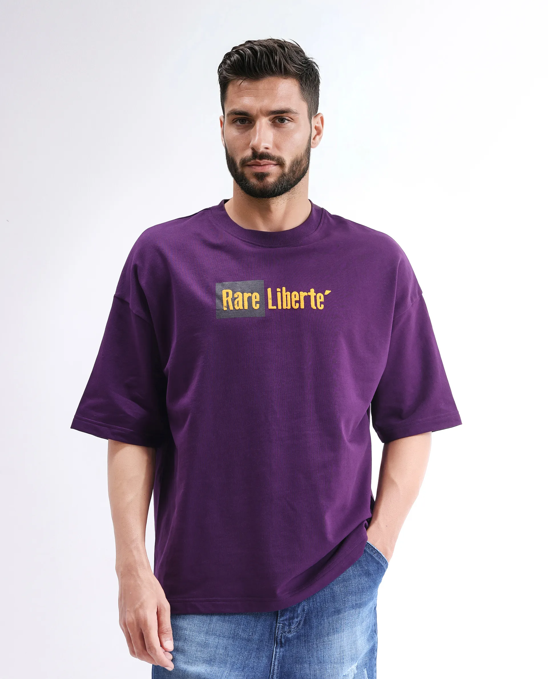 Rare Rabbit Men's Moshe Purple Cotton Graphic Print Oversized Fit Half Sleeve Crew Neck T-Shirt - Image 4