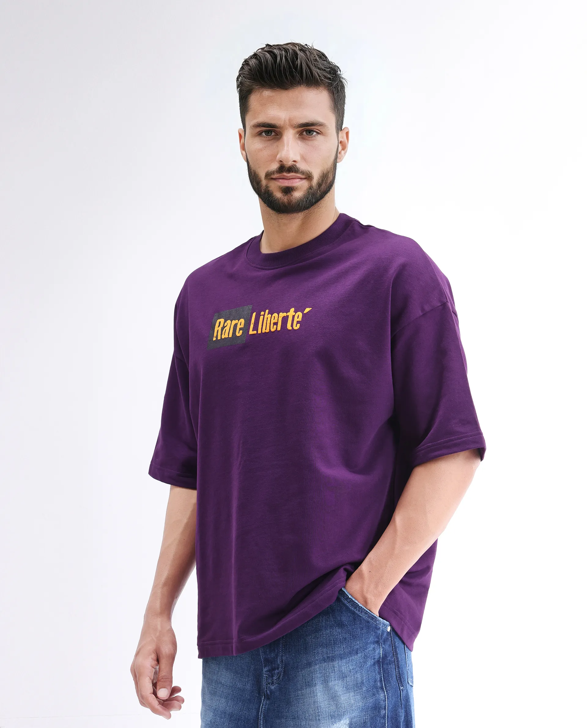 Rare Rabbit Men's Moshe Purple Cotton Graphic Print Oversized Fit Half Sleeve Crew Neck T-Shirt - Image 5