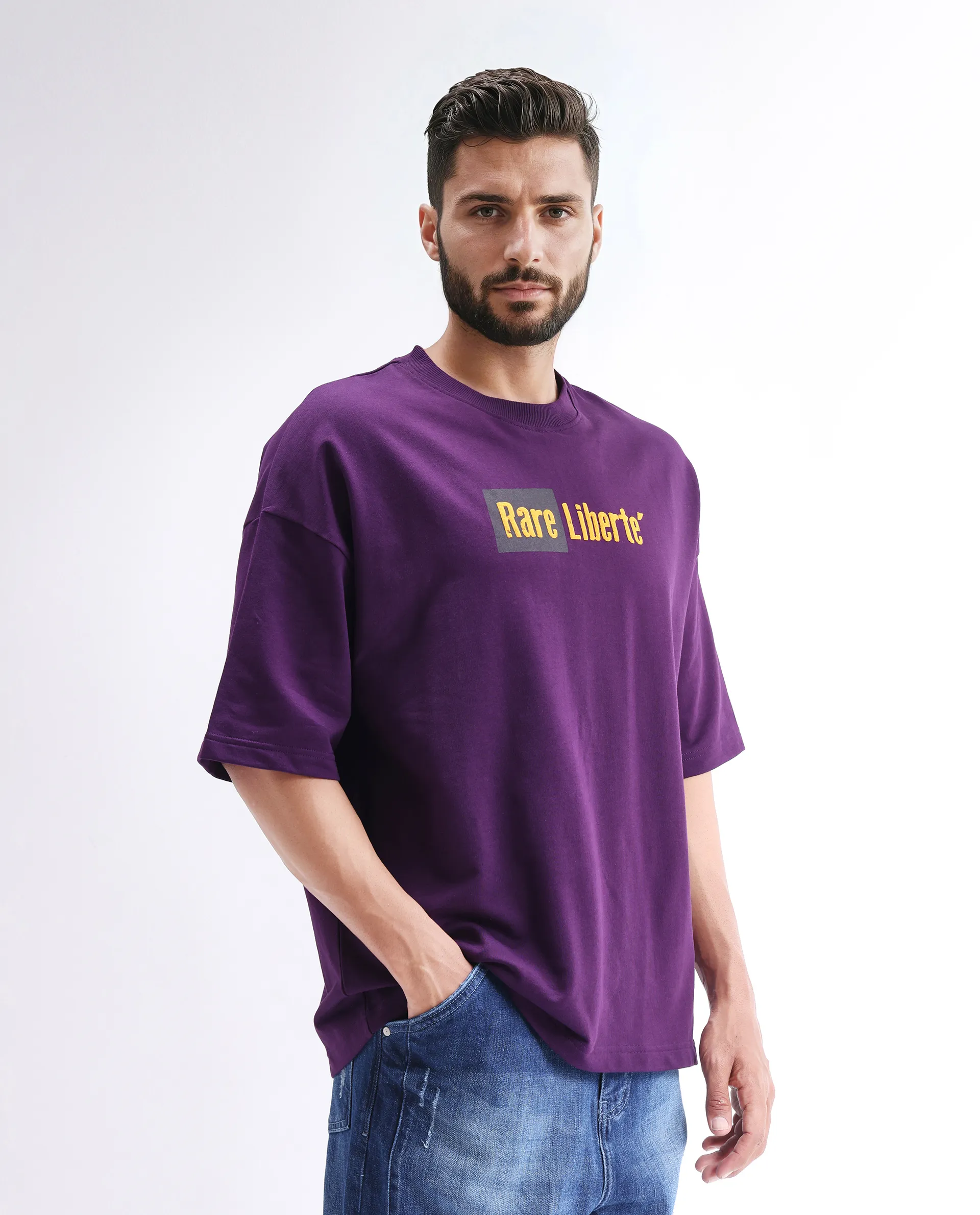 Rare Rabbit Men's Moshe Purple Cotton Graphic Print Oversized Fit Half Sleeve Crew Neck T-Shirt - Image 6