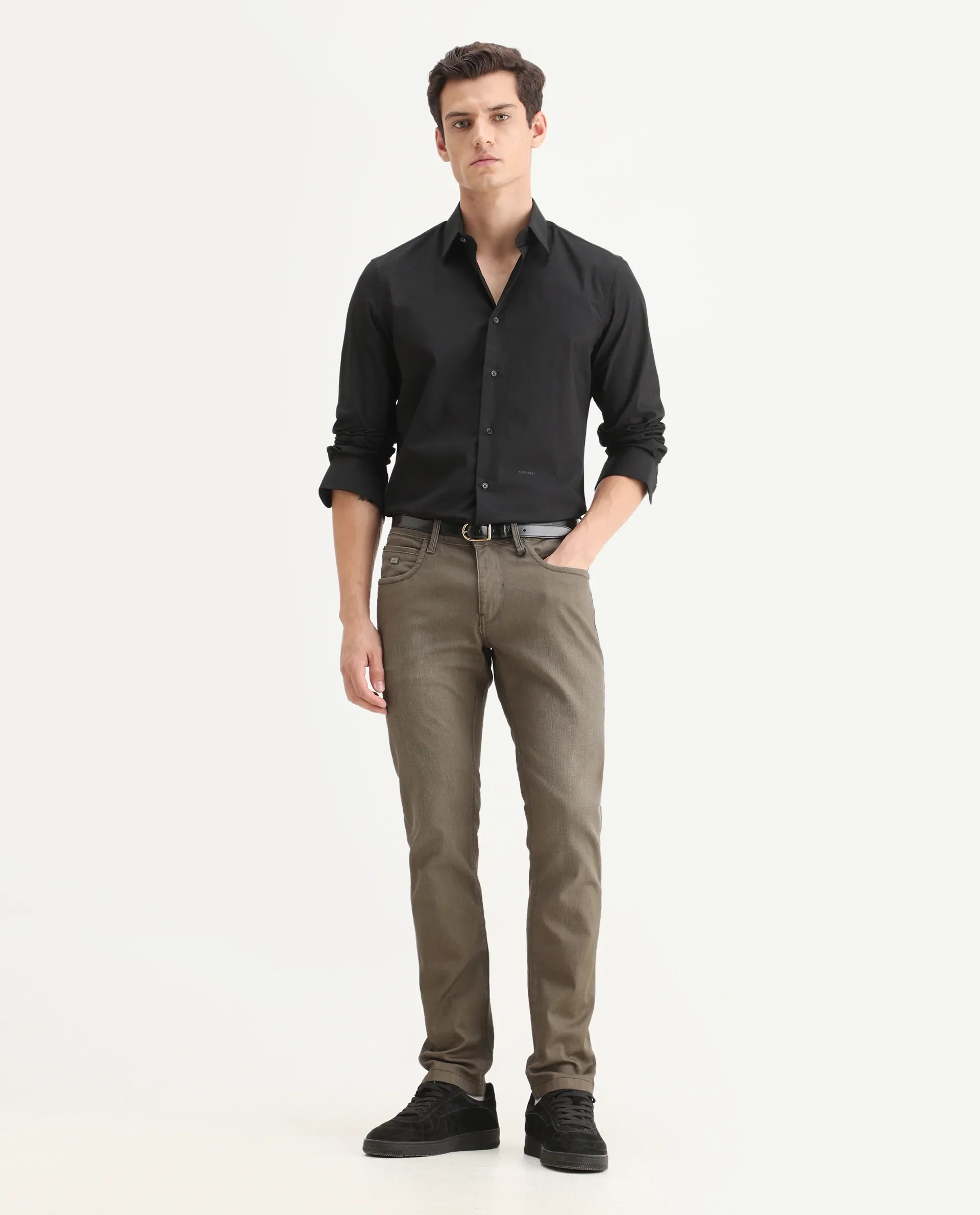 Rare Rabbit Men's Moss-3 Green Cotton Plain Hawk Slim Fit Jeans