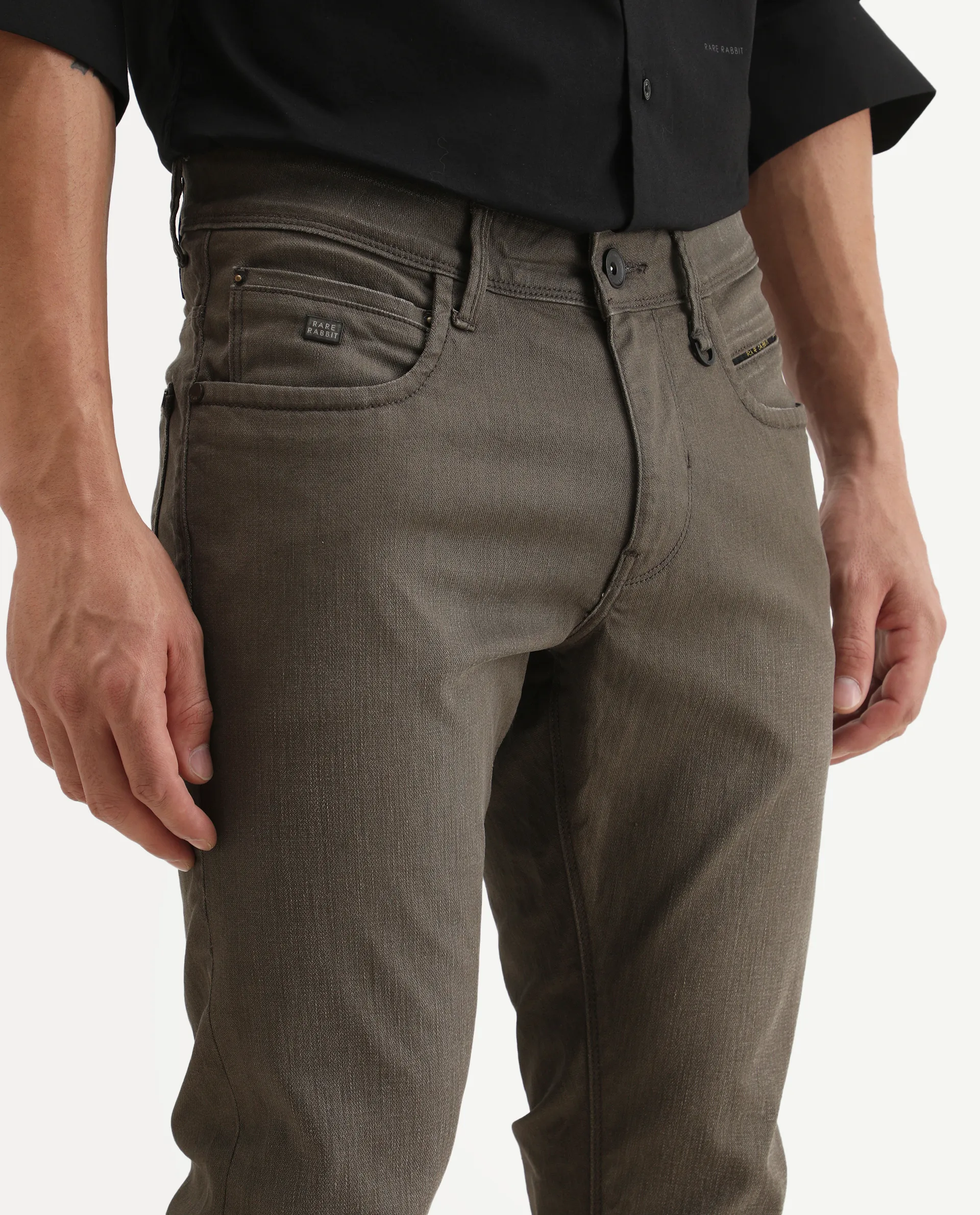 Rare Rabbit Men's Moss-3 Green Cotton Plain Hawk Slim Fit Jeans - Image 3