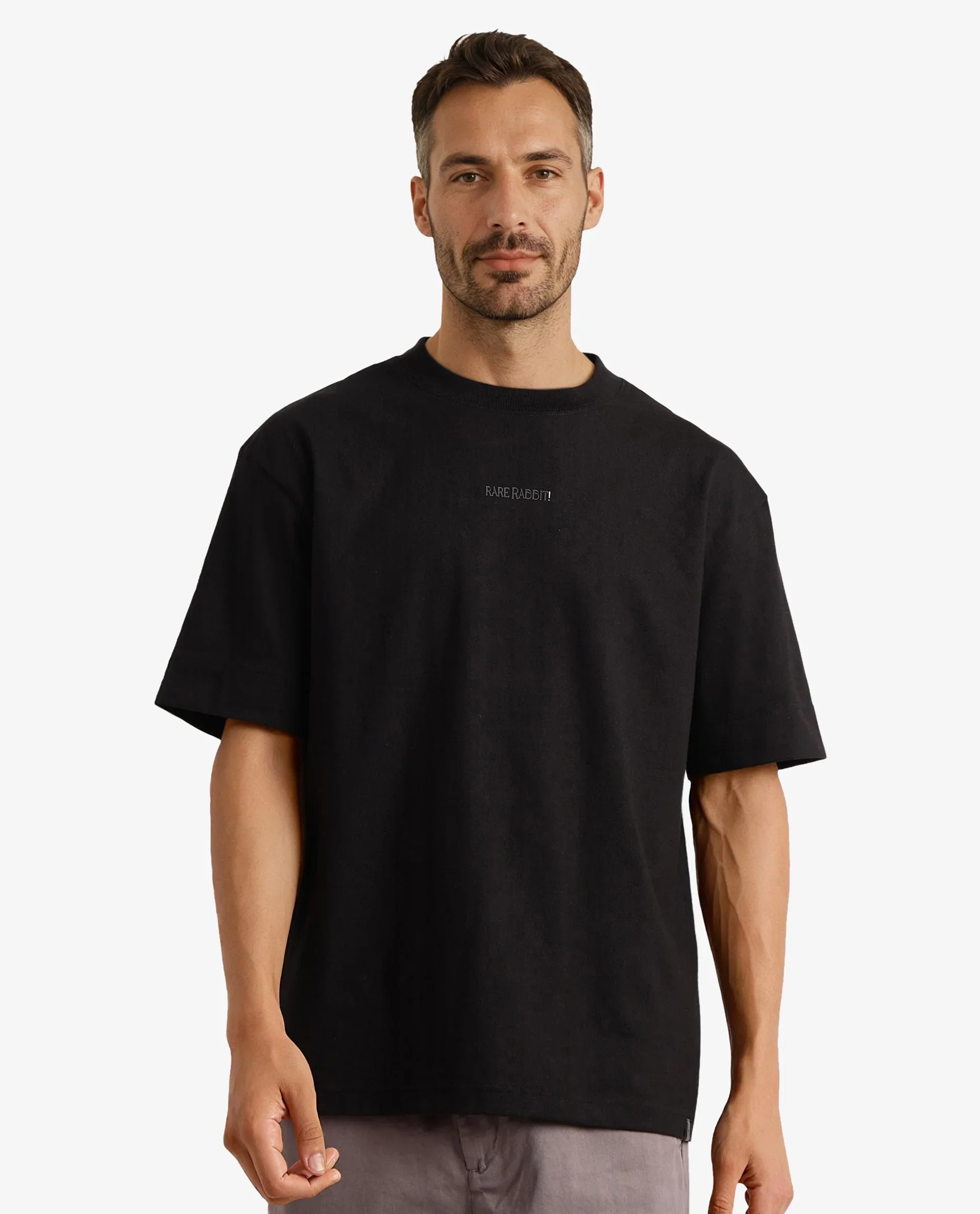 Rare Rabbit Men's Motm Black Cotton Graphic Print Oversized Fit Half Sleeve Crew Neck T-Shirt