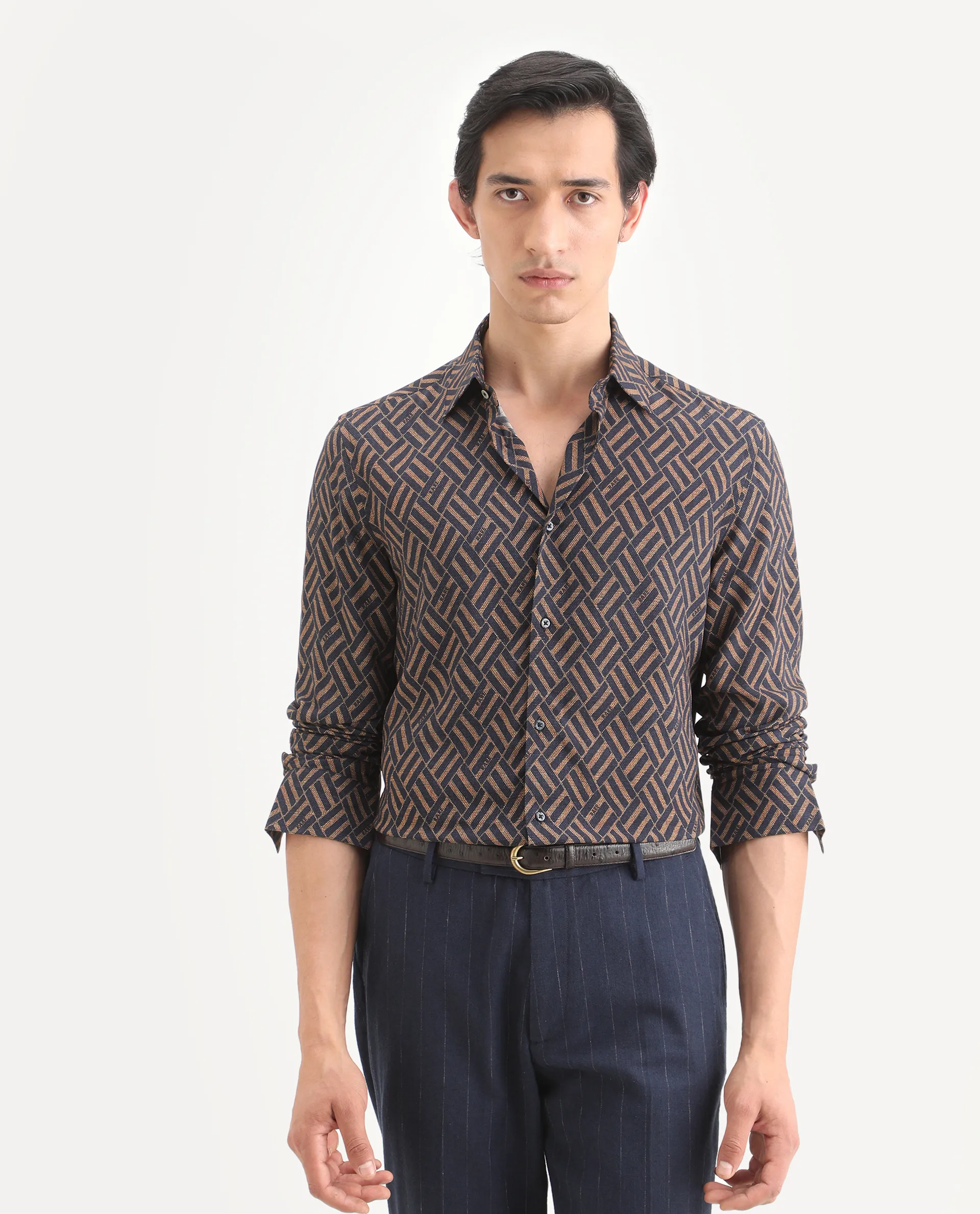 Rare Rabbit Men's Moto Dusky Navy Viscose Fabric Full Sleeve Spread Collar Regular Fit Geometric Print Shirt - Image 3