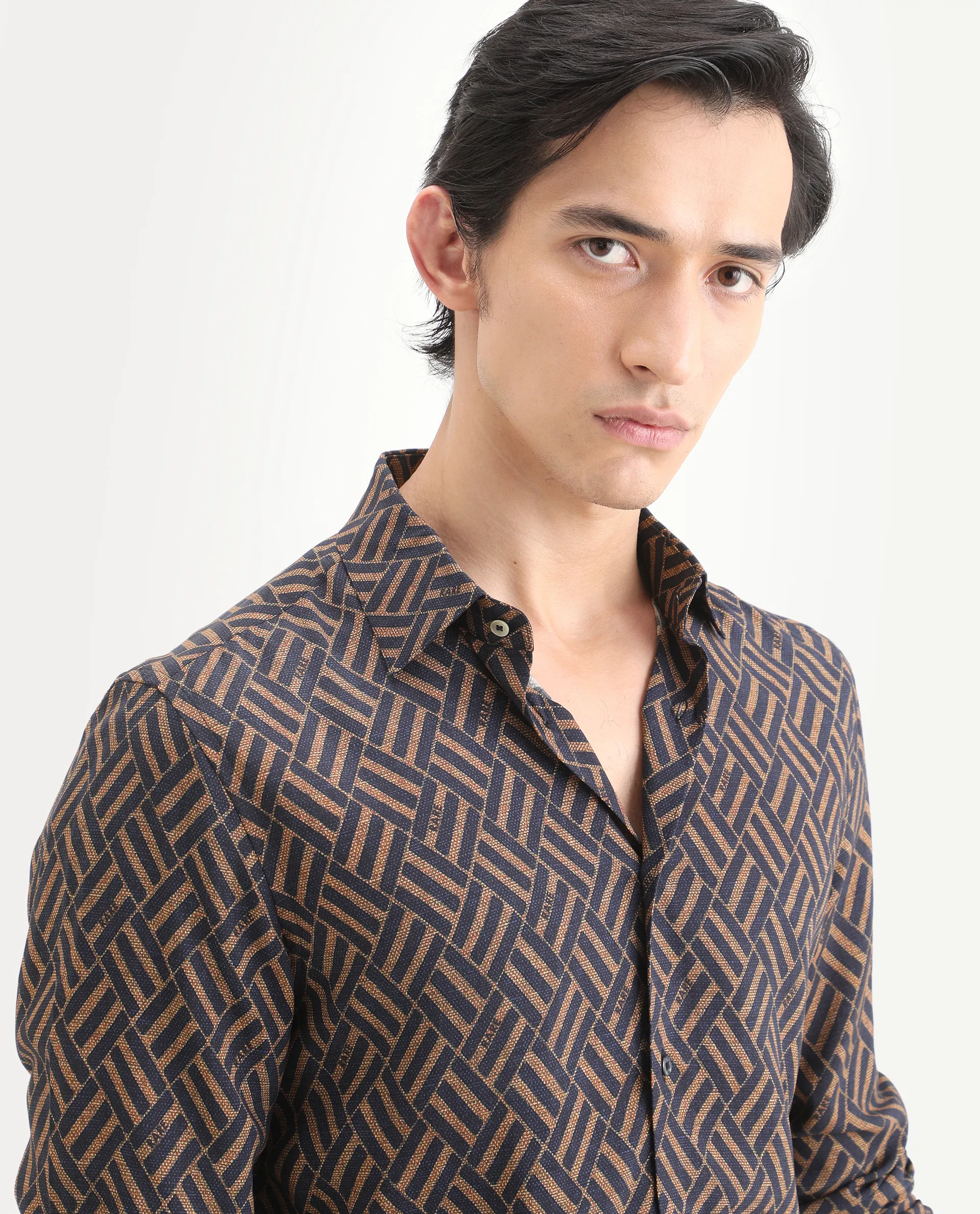 Rare Rabbit Men's Moto Dusky Navy Viscose Fabric Full Sleeve Spread Collar Regular Fit Geometric Print Shirt - Image 4