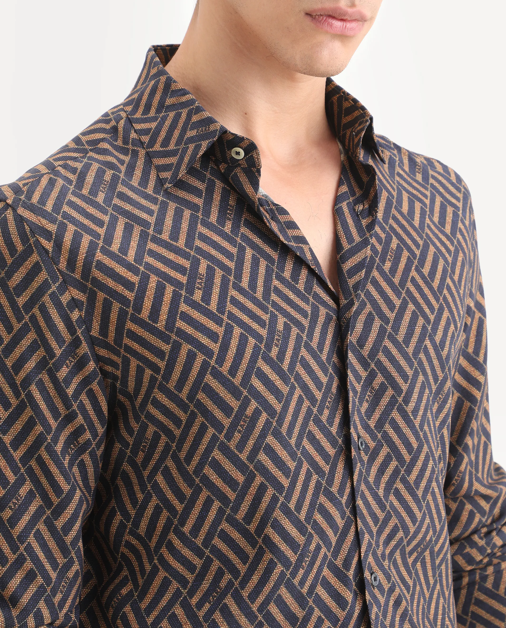 Rare Rabbit Men's Moto Dusky Navy Viscose Fabric Full Sleeve Spread Collar Regular Fit Geometric Print Shirt - Image 5