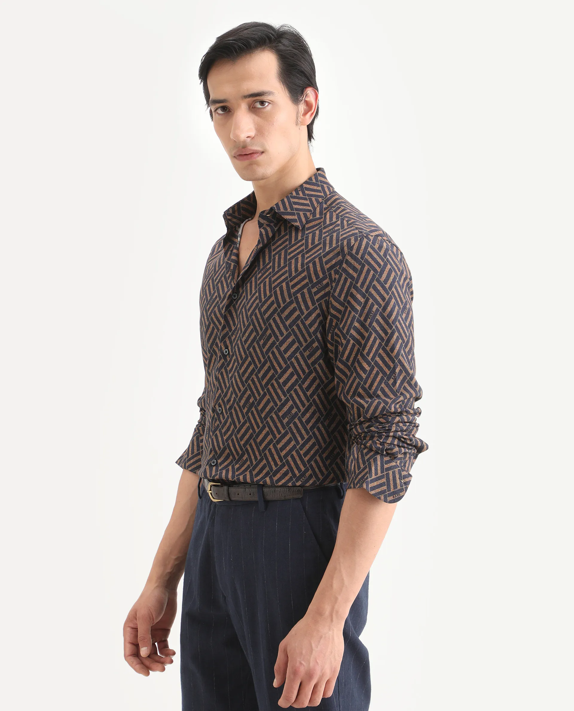 Rare Rabbit Men's Moto Dusky Navy Viscose Fabric Full Sleeve Spread Collar Regular Fit Geometric Print Shirt - Image 6