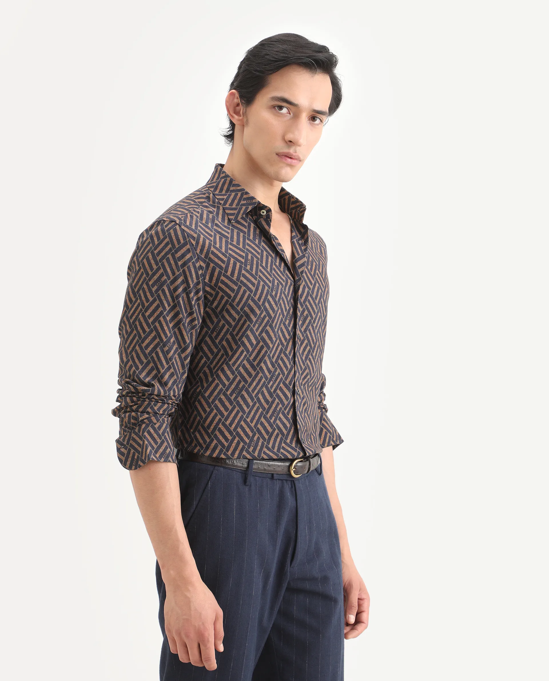Rare Rabbit Men's Moto Dusky Navy Viscose Fabric Full Sleeve Spread Collar Regular Fit Geometric Print Shirt - Image 7