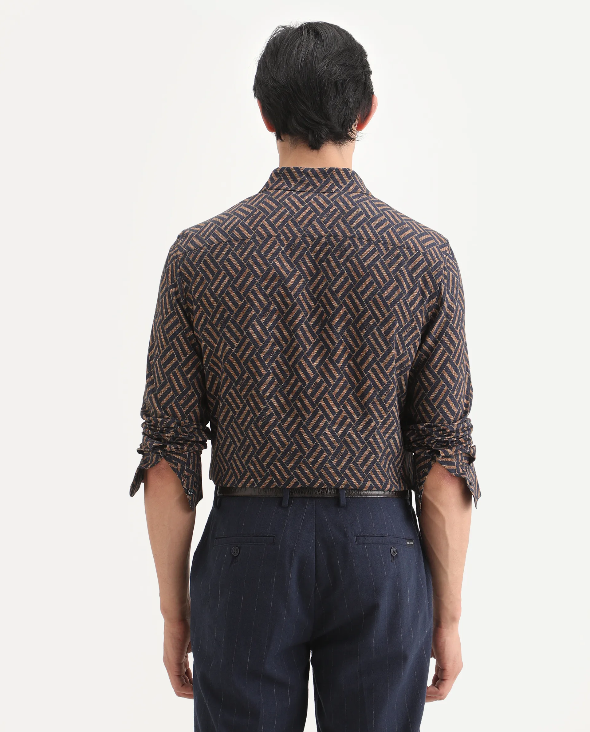 Rare Rabbit Men's Moto Dusky Navy Viscose Fabric Full Sleeve Spread Collar Regular Fit Geometric Print Shirt - Image 8