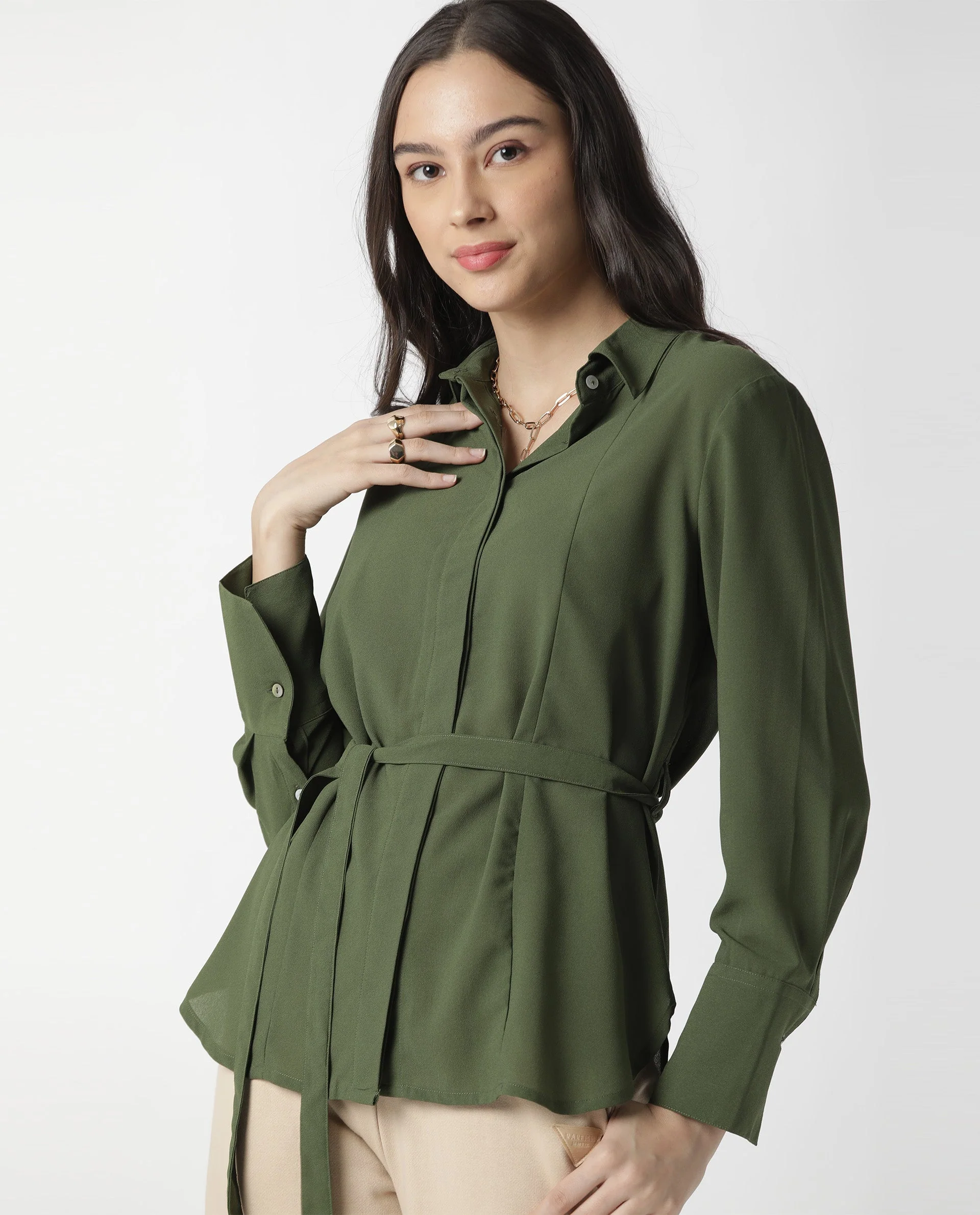 Rareism Women Mould Green Top Full Sleeves Solid