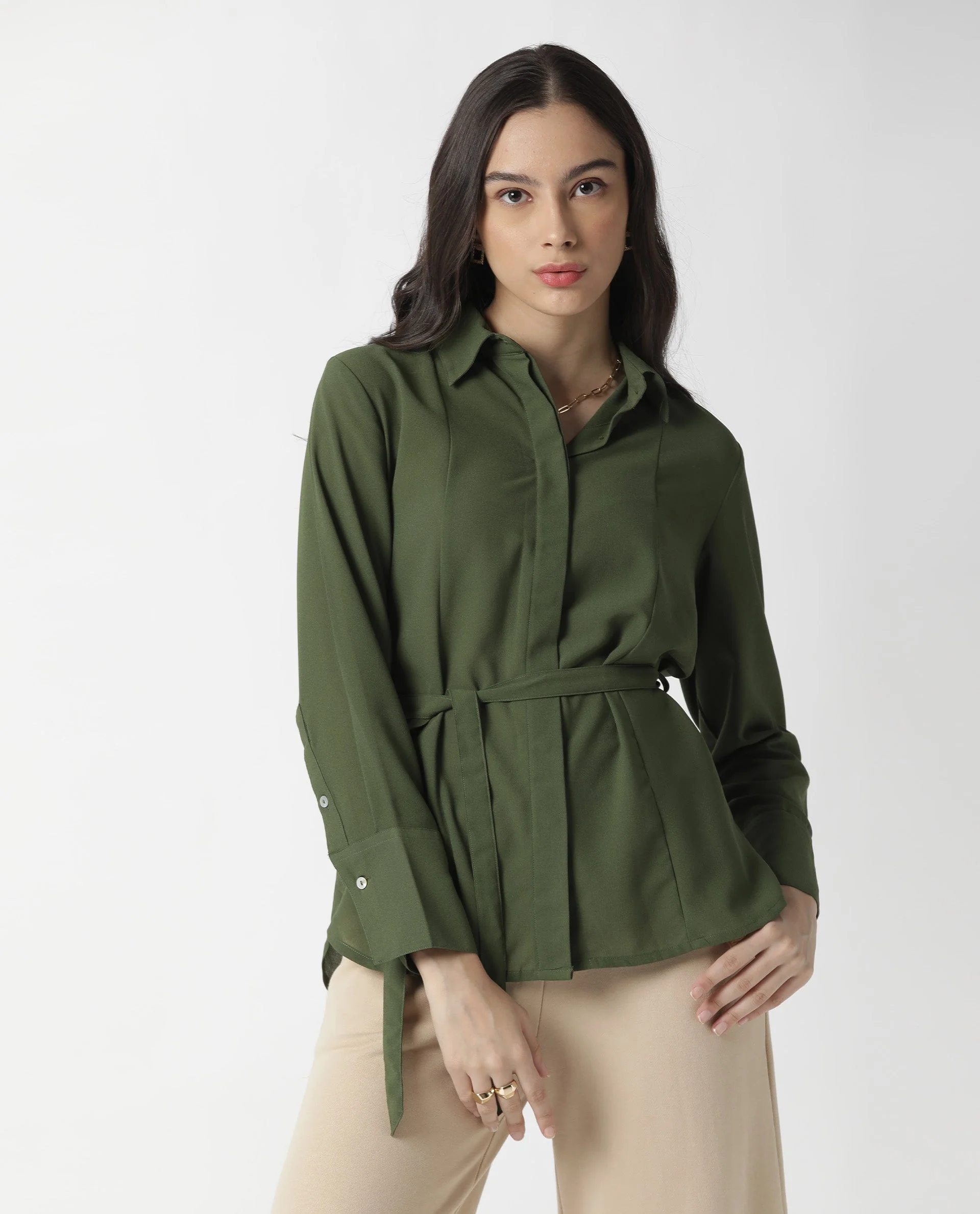 Rareism Women Mould Green Top Full Sleeves Solid - Image 2