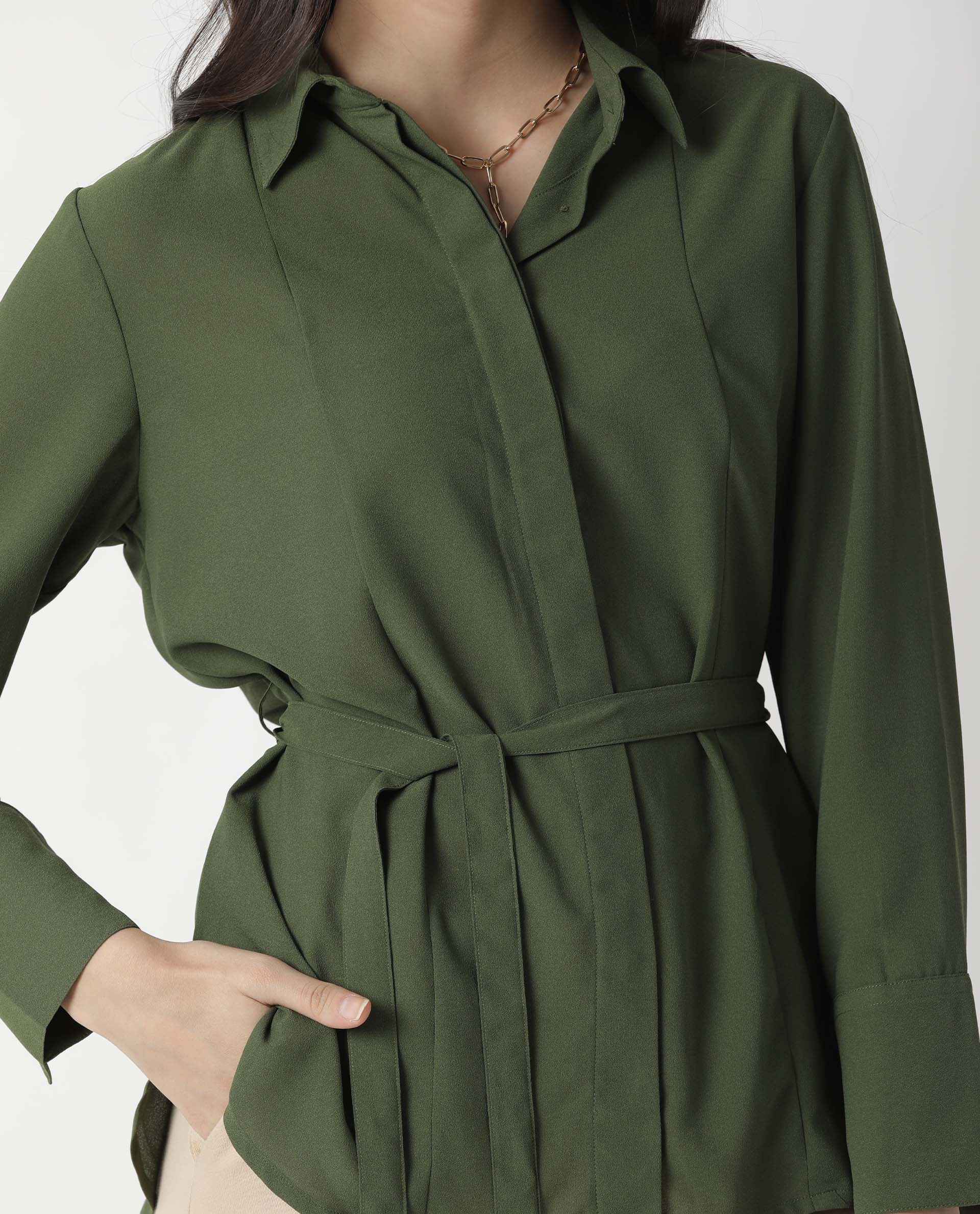 Rareism Women Mould Green Top Full Sleeves Solid - Image 4