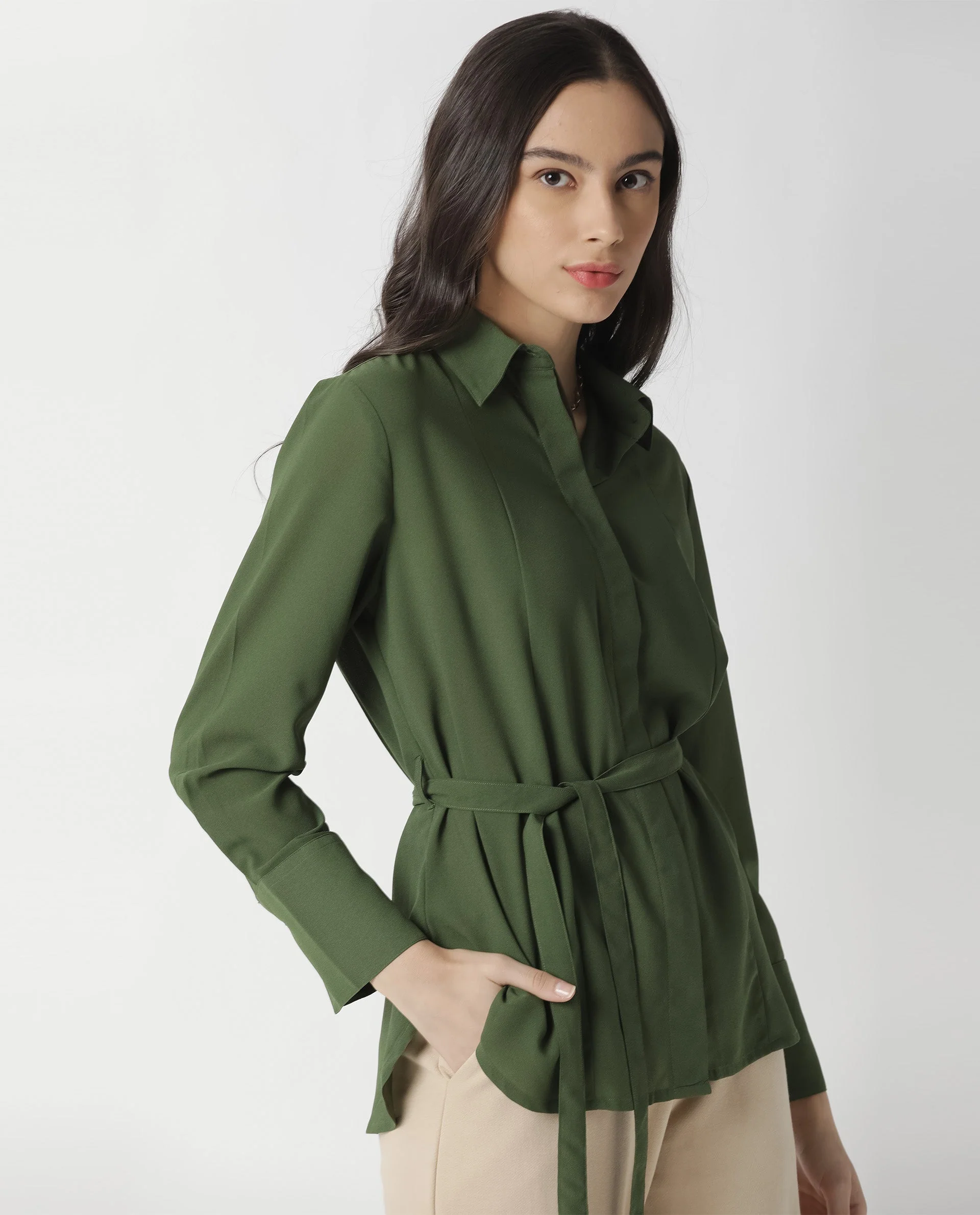 Rareism Women Mould Green Top Full Sleeves Solid - Image 8