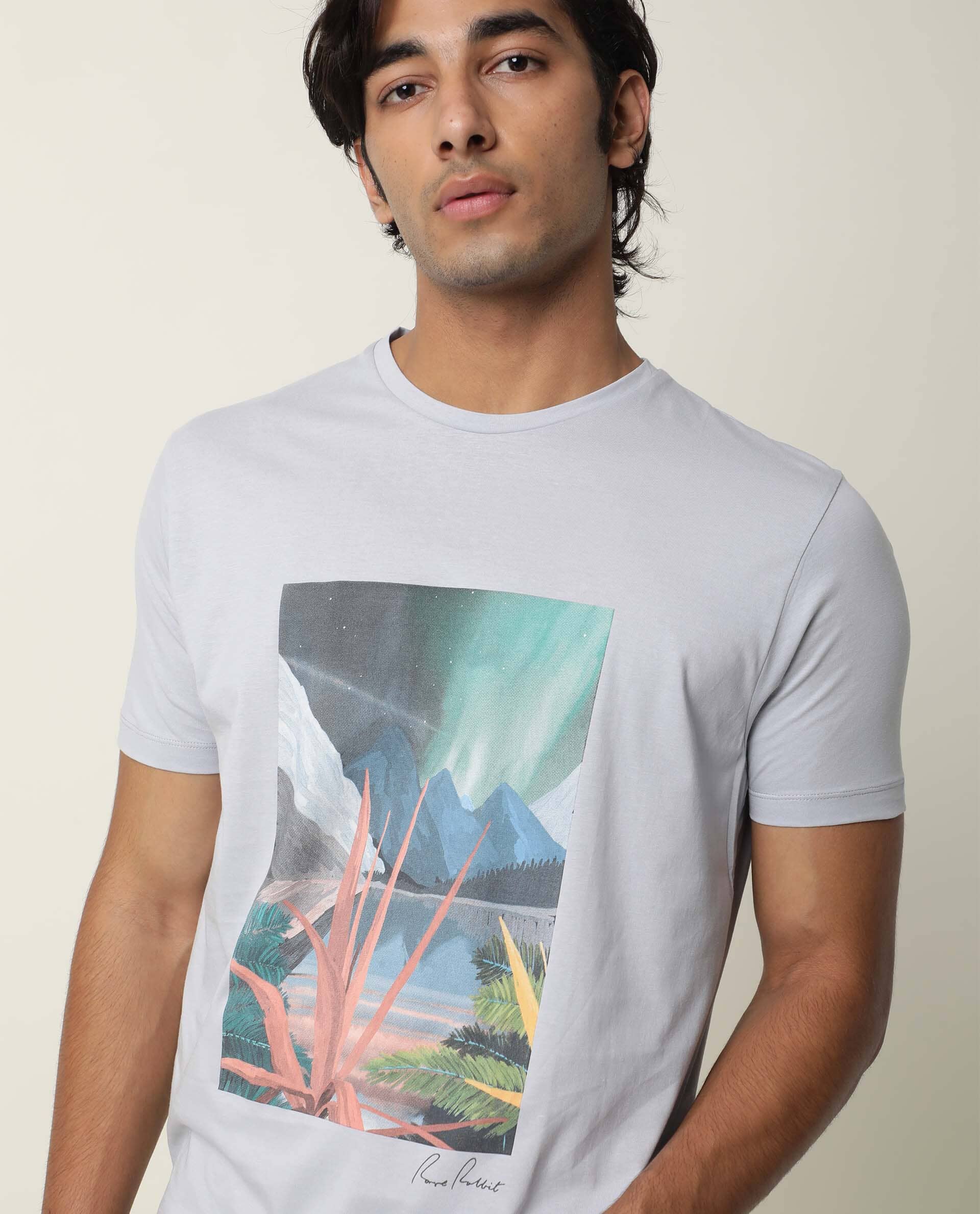 Rare Rabbit Men's Mount Blue Cotton Graphic Print Slim Fit Half Sleeve Crew Neck T-Shirt - Image 2