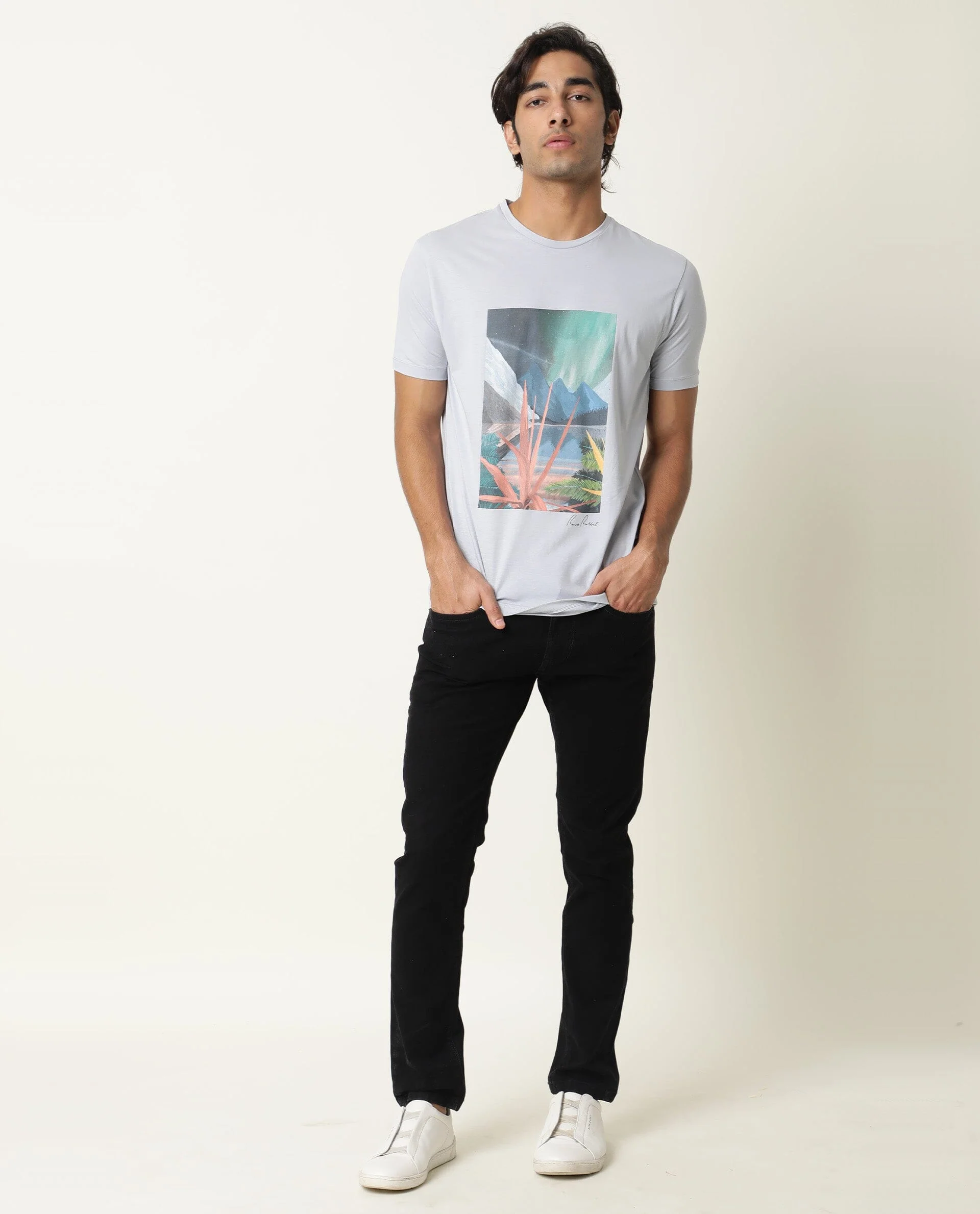 Rare Rabbit Men's Mount Blue Cotton Graphic Print Slim Fit Half Sleeve Crew Neck T-Shirt - Image 3