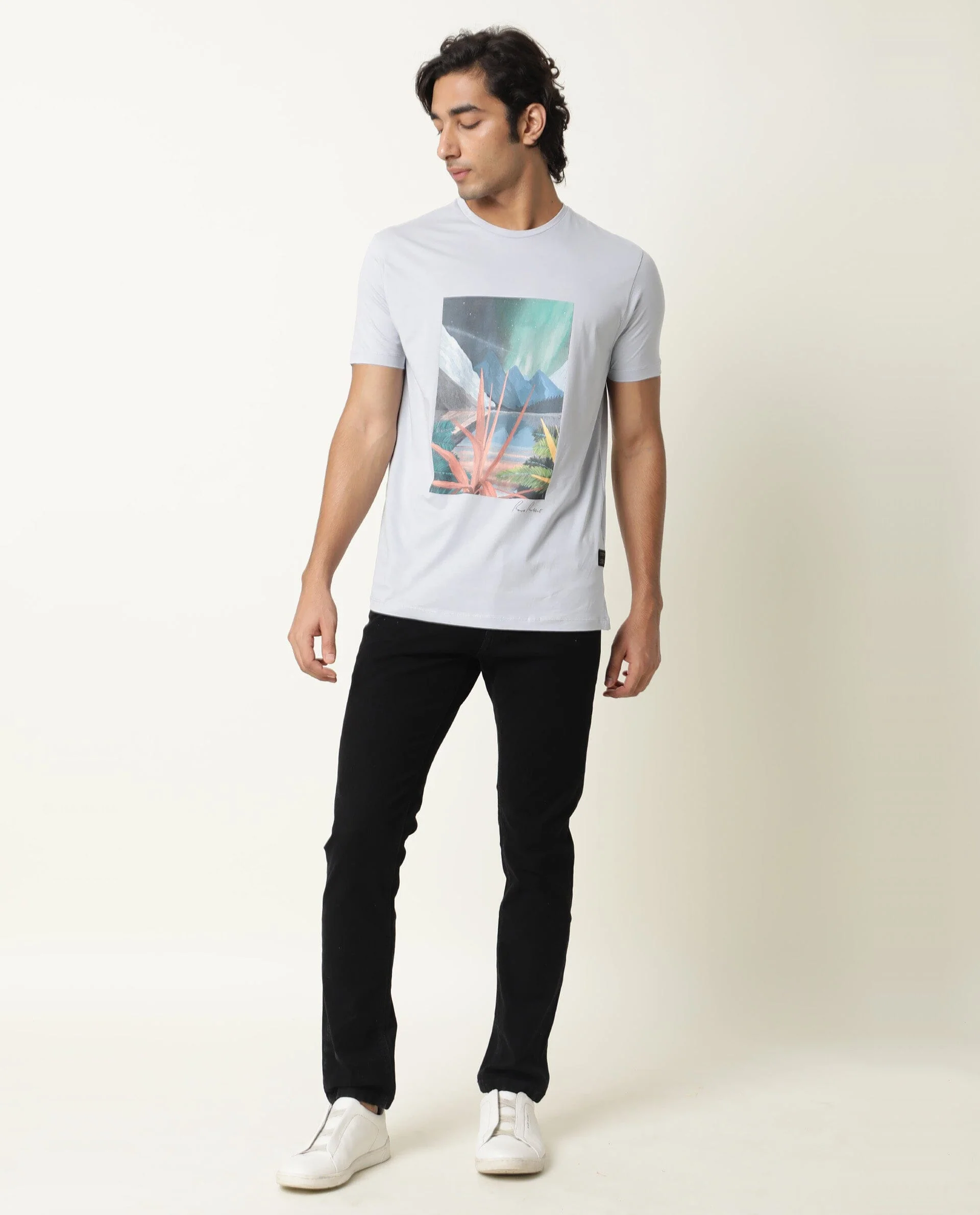Rare Rabbit Men's Mount Blue Cotton Graphic Print Slim Fit Half Sleeve Crew Neck T-Shirt - Image 4