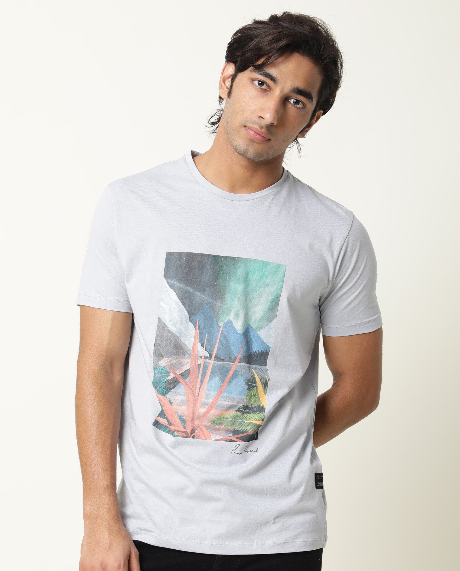 Rare Rabbit Men's Mount Blue Cotton Graphic Print Slim Fit Half Sleeve Crew Neck T-Shirt - Image 5