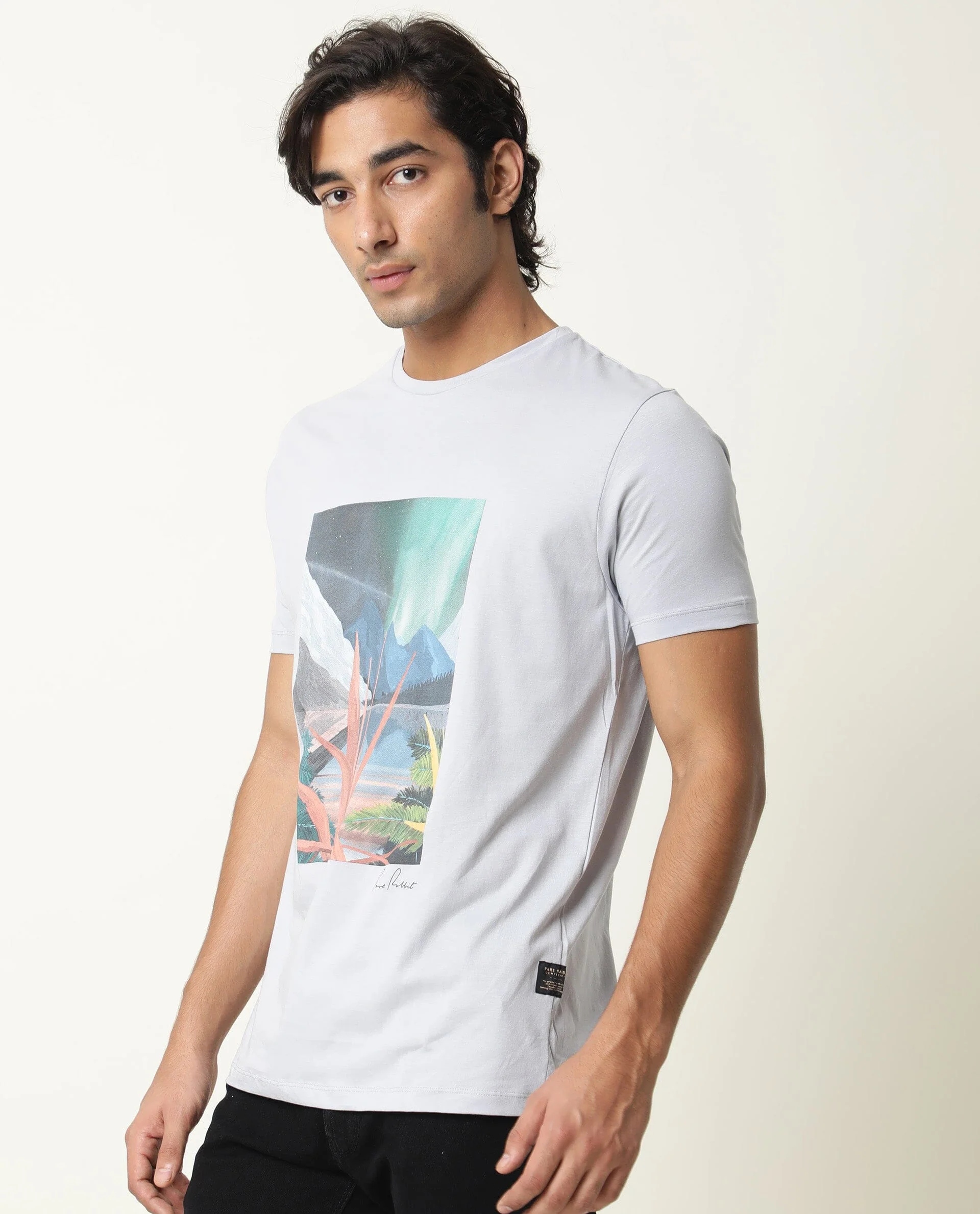 Rare Rabbit Men's Mount Blue Cotton Graphic Print Slim Fit Half Sleeve Crew Neck T-Shirt - Image 6