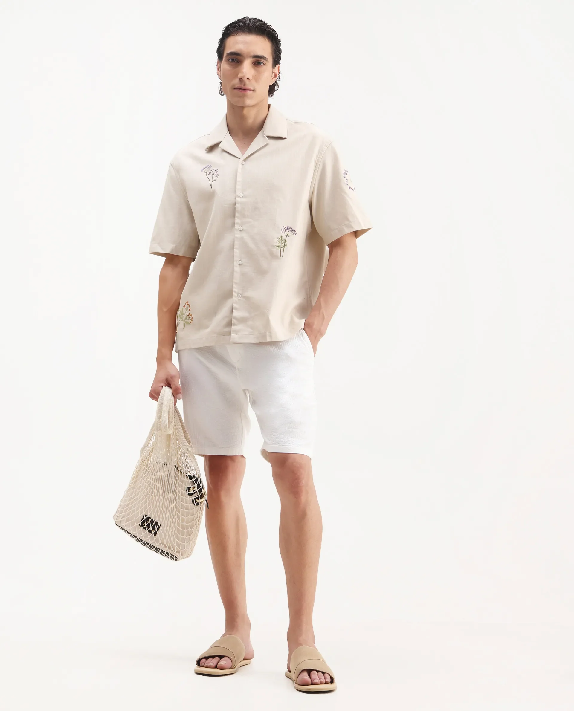Rare Rabbit Men's Mouzon Off White Cotton Embroidered Relaxed Fit Half Sleeve Cuban Collar Shirt - Image 2