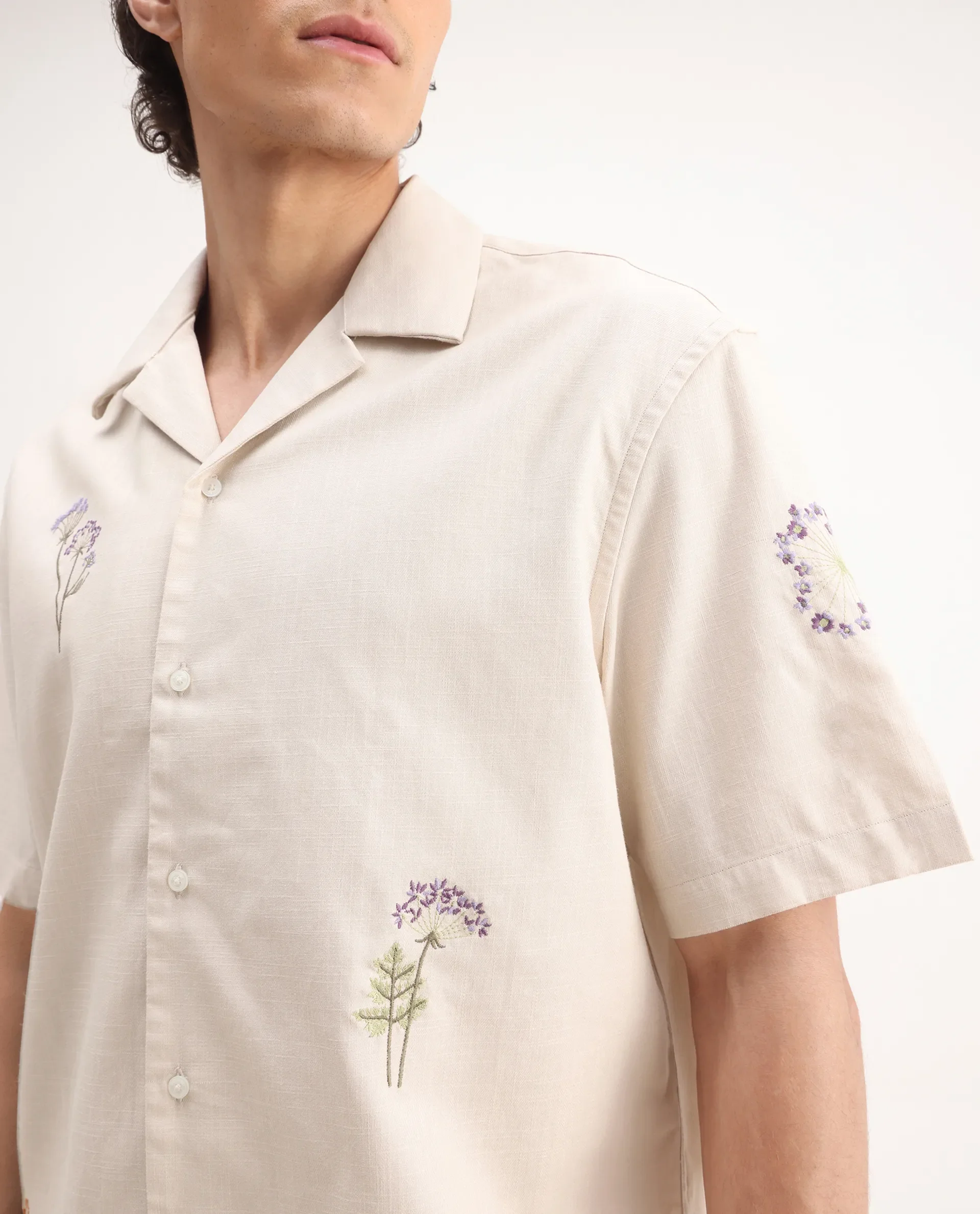 Rare Rabbit Men's Mouzon Off White Cotton Embroidered Relaxed Fit Half Sleeve Cuban Collar Shirt - Image 3
