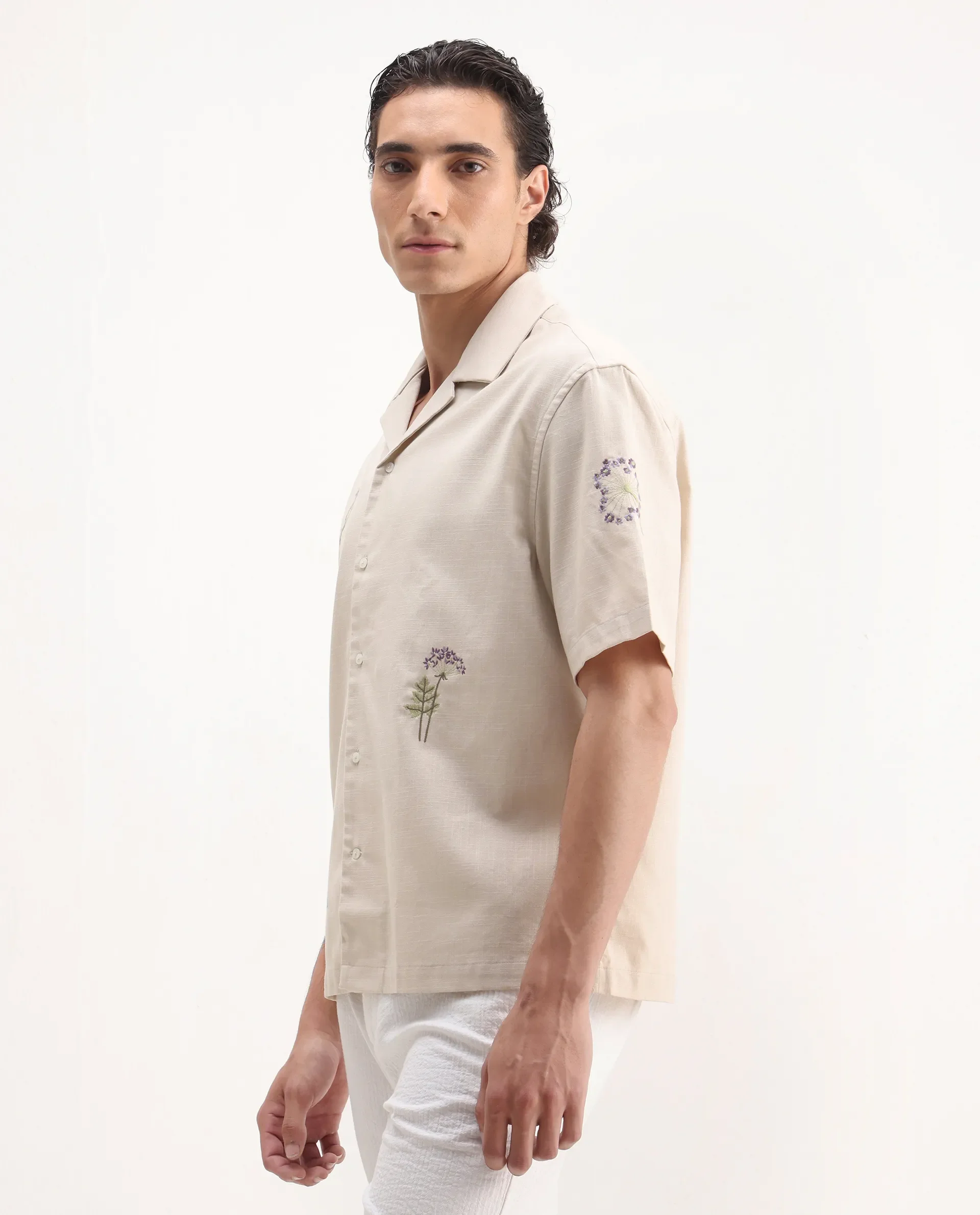 Rare Rabbit Men's Mouzon Off White Cotton Embroidered Relaxed Fit Half Sleeve Cuban Collar Shirt - Image 4
