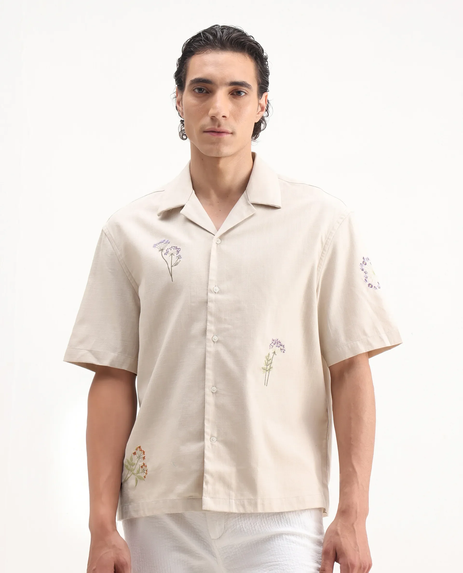 Rare Rabbit Men's Mouzon Off White Cotton Embroidered Relaxed Fit Half Sleeve Cuban Collar Shirt - Image 5