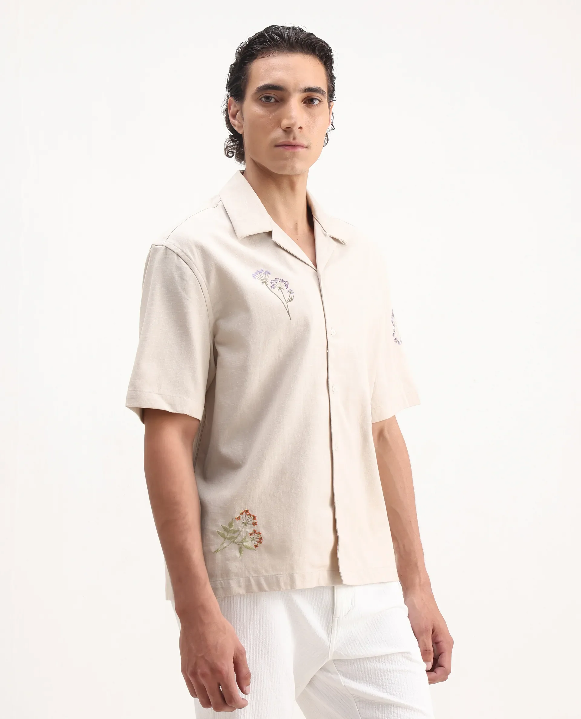 Rare Rabbit Men's Mouzon Off White Cotton Embroidered Relaxed Fit Half Sleeve Cuban Collar Shirt - Image 6
