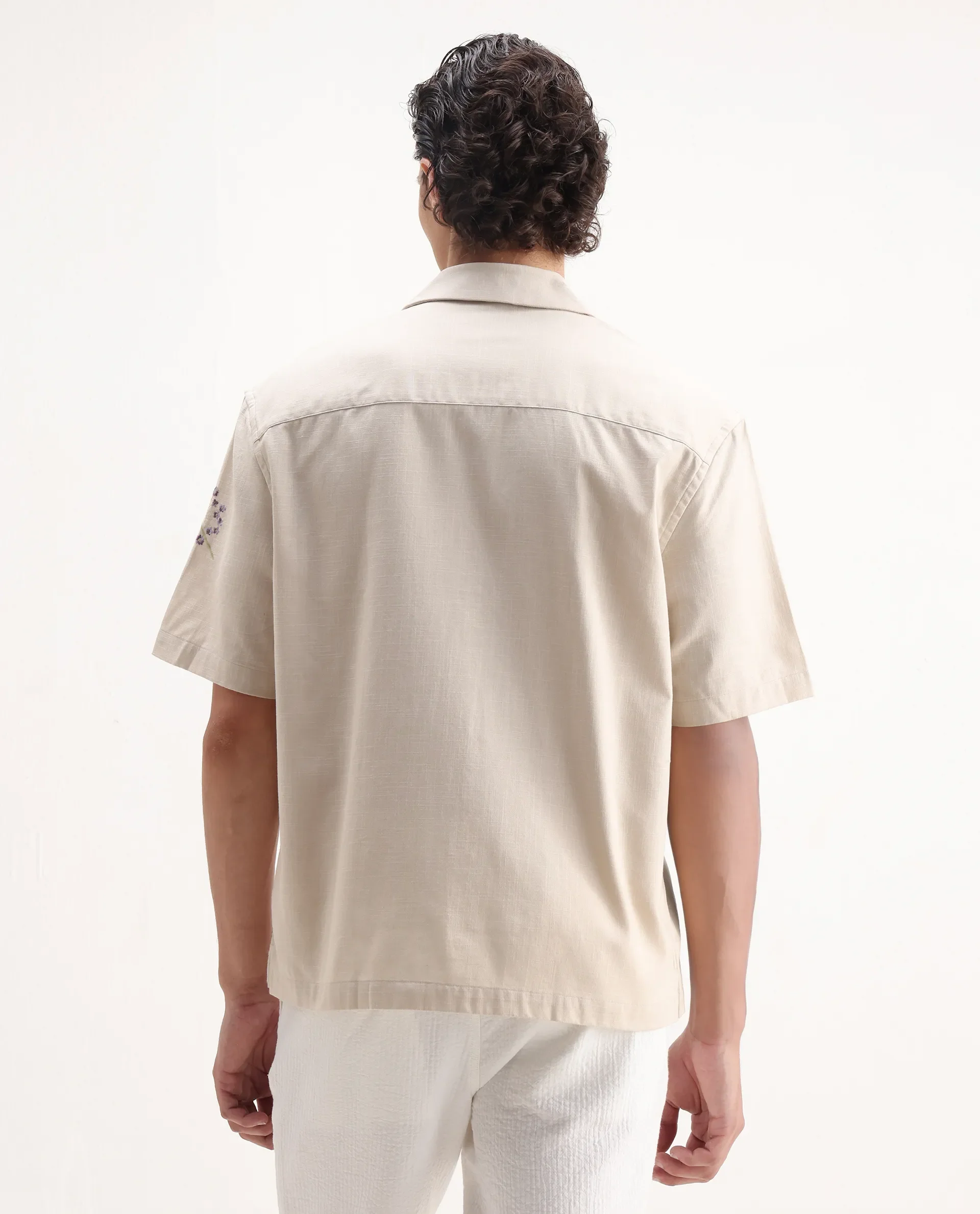 Rare Rabbit Men's Mouzon Off White Cotton Embroidered Relaxed Fit Half Sleeve Cuban Collar Shirt - Image 7