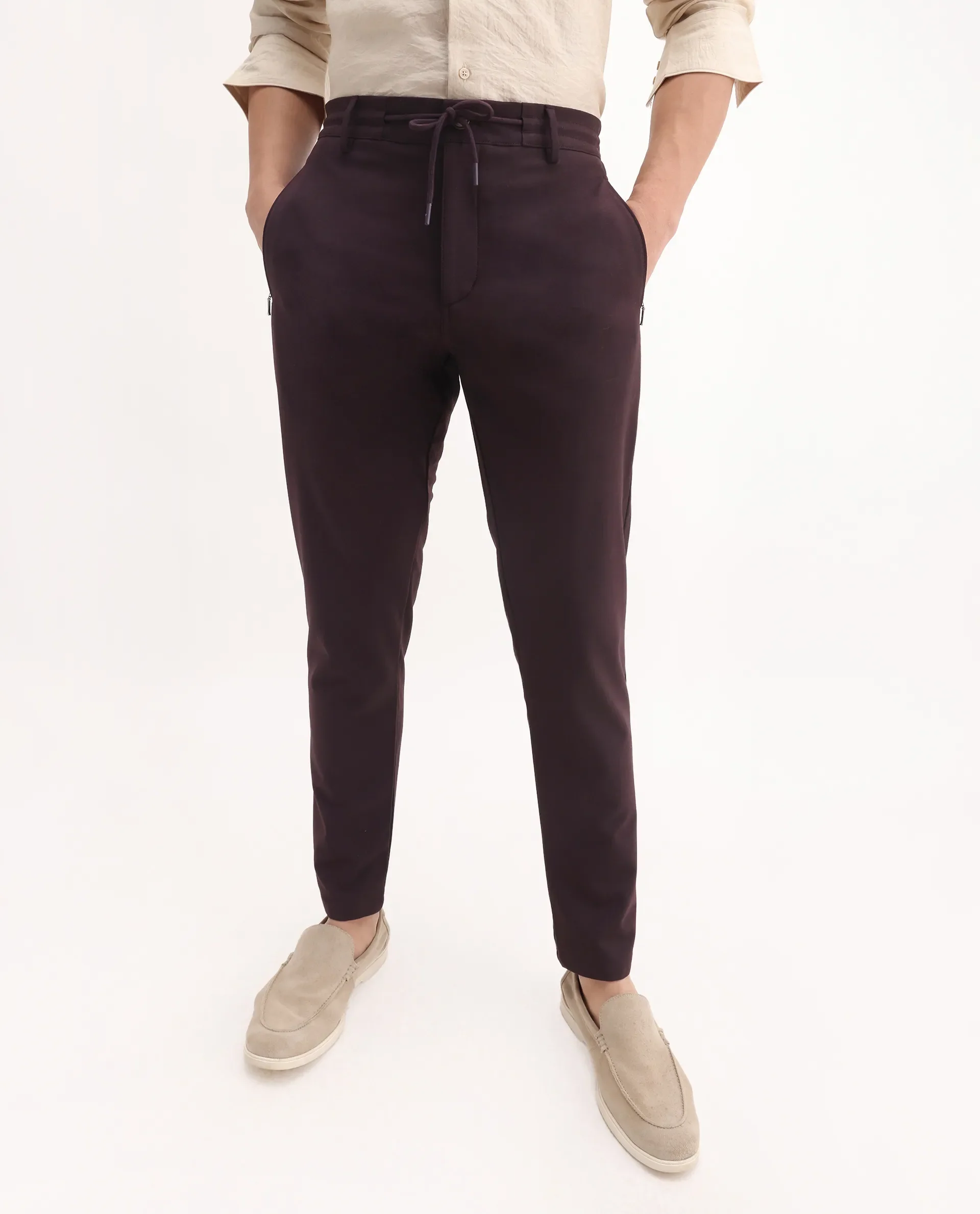 Rare Rabbit Men's Move-25 Maroon Polyester Blend Plain Regular Fit Trouser - Image 2