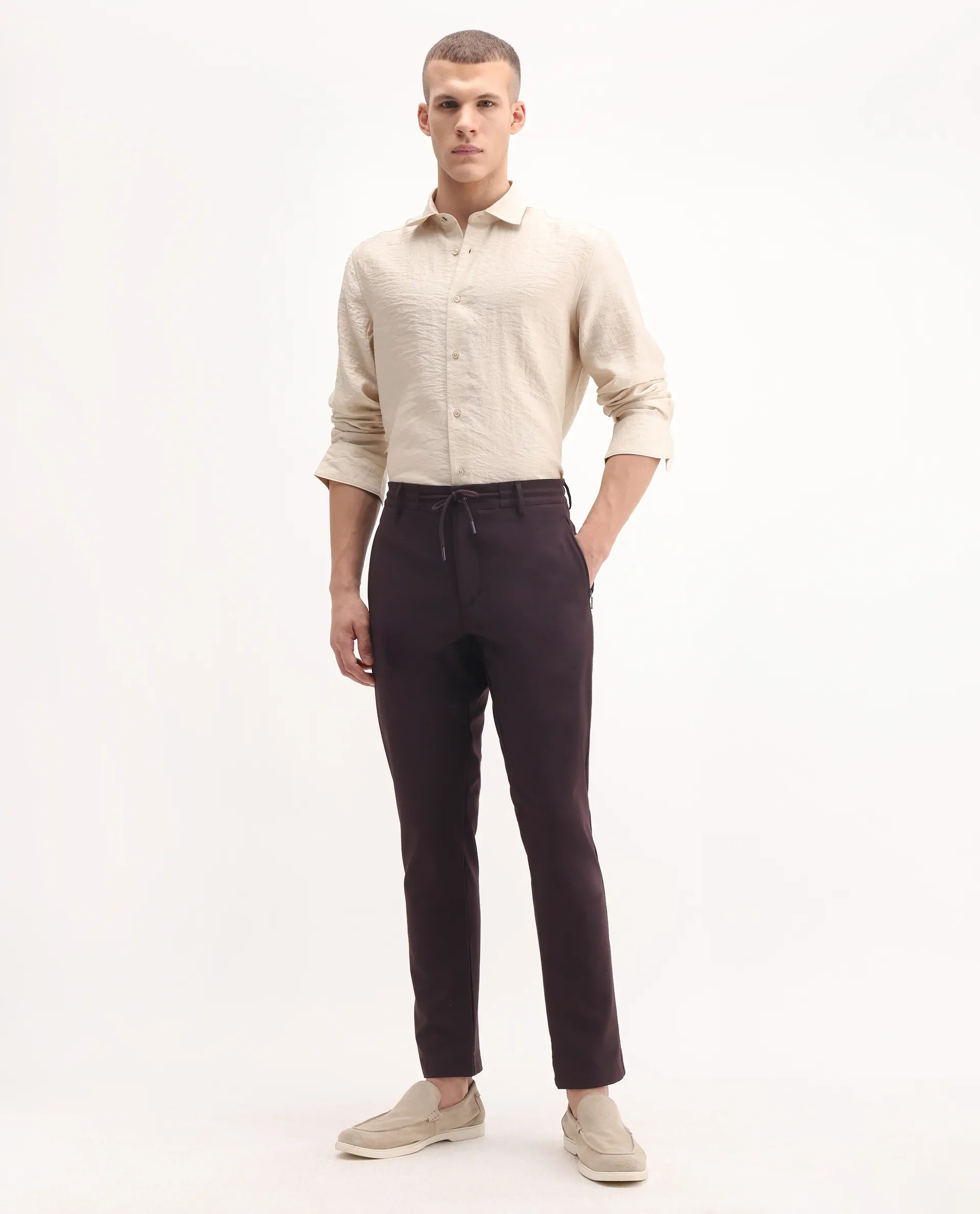 Rare Rabbit Men's Move-25 Maroon Polyester Blend Plain Regular Fit Trouser - Image 4