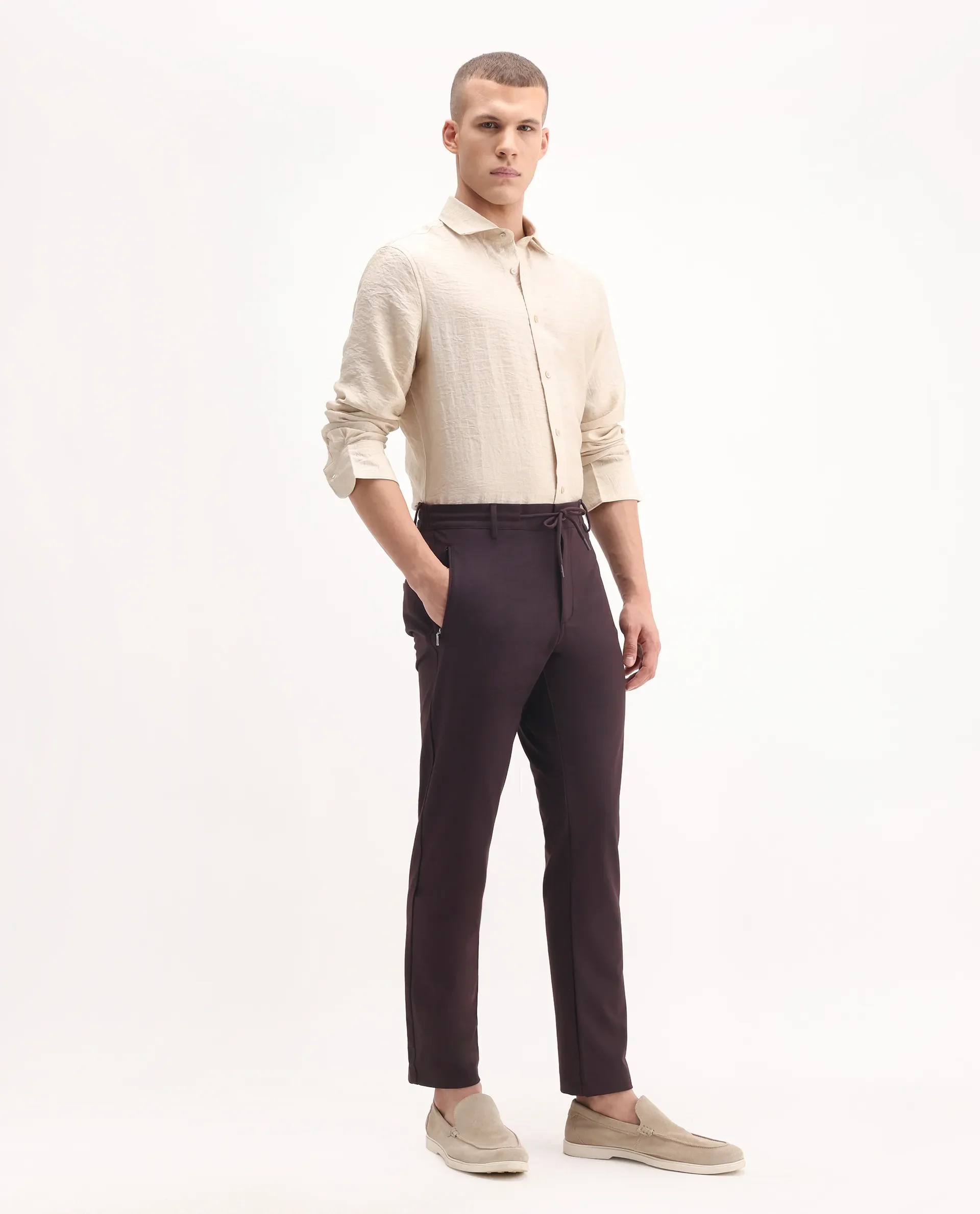 Rare Rabbit Men's Move-25 Maroon Polyester Blend Plain Regular Fit Trouser - Image 6