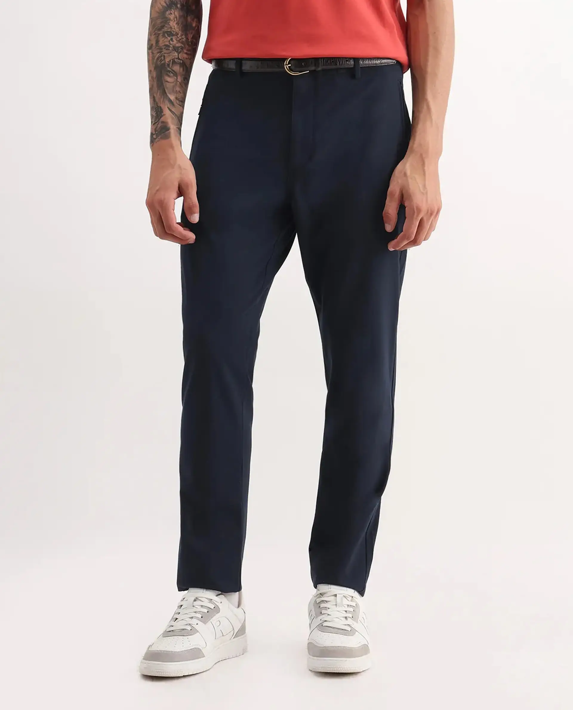 Rare Rabbit Men's Move-25 Navy Polyester Blend Plain Regular Fit Trouser - Image 10