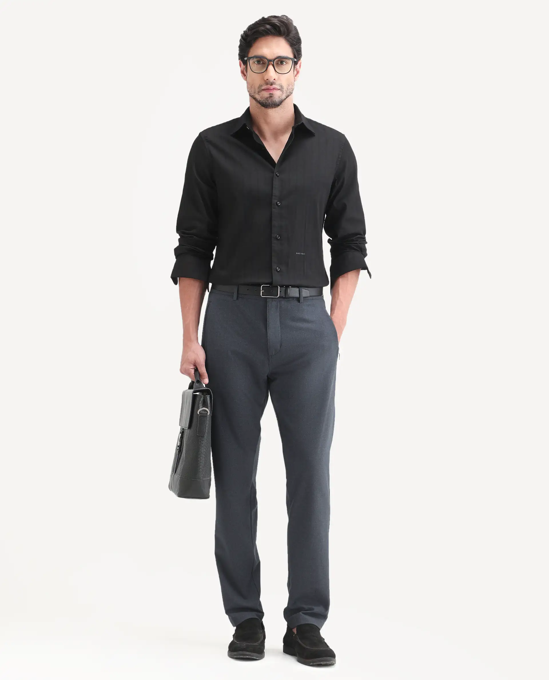 Rare Rabbit Men's Move-Ss26 Dark Navy Polyester Blend Fabric Regular Fit Plain Trouser